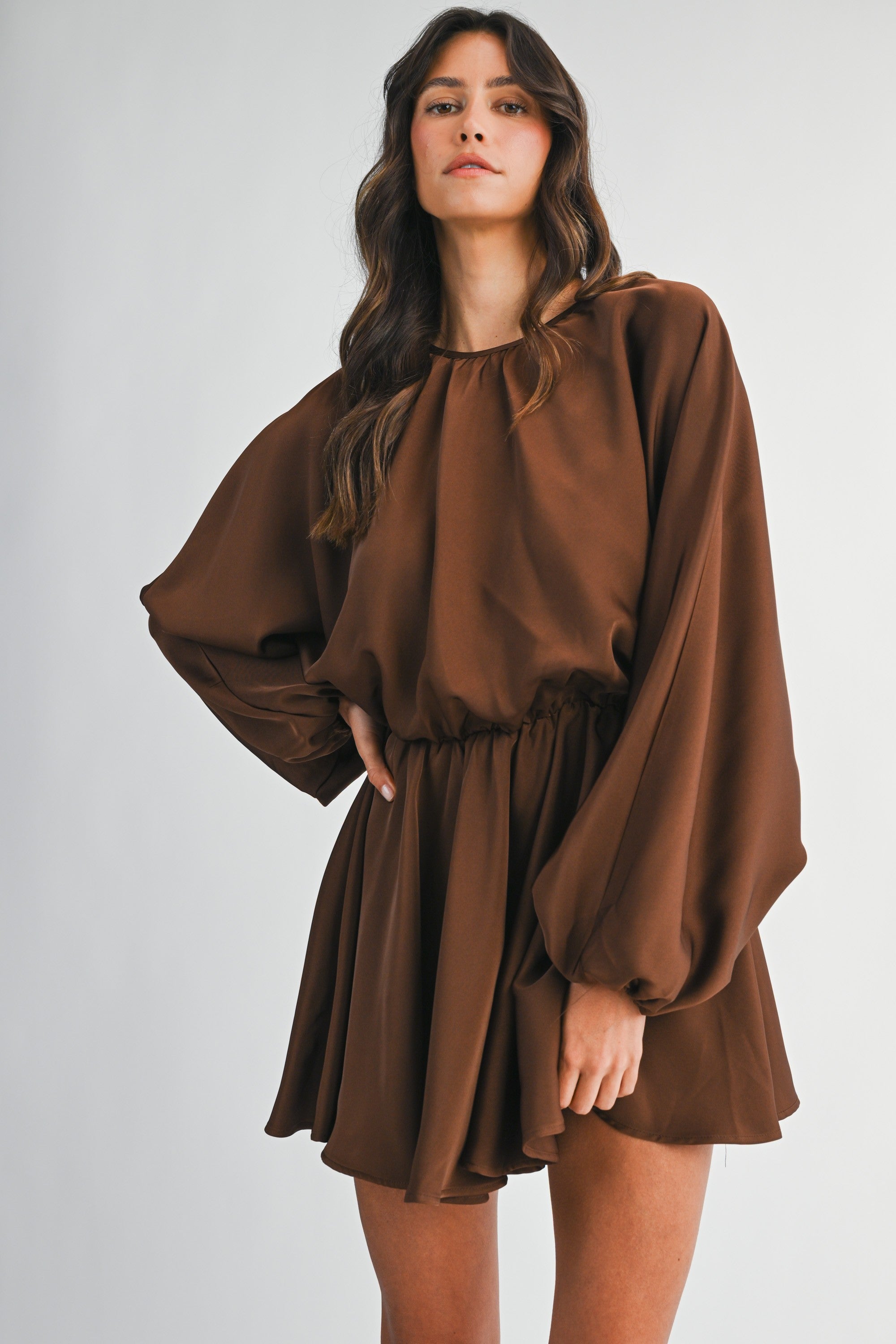 Satin Balloon Long Sleeve Mini Dress