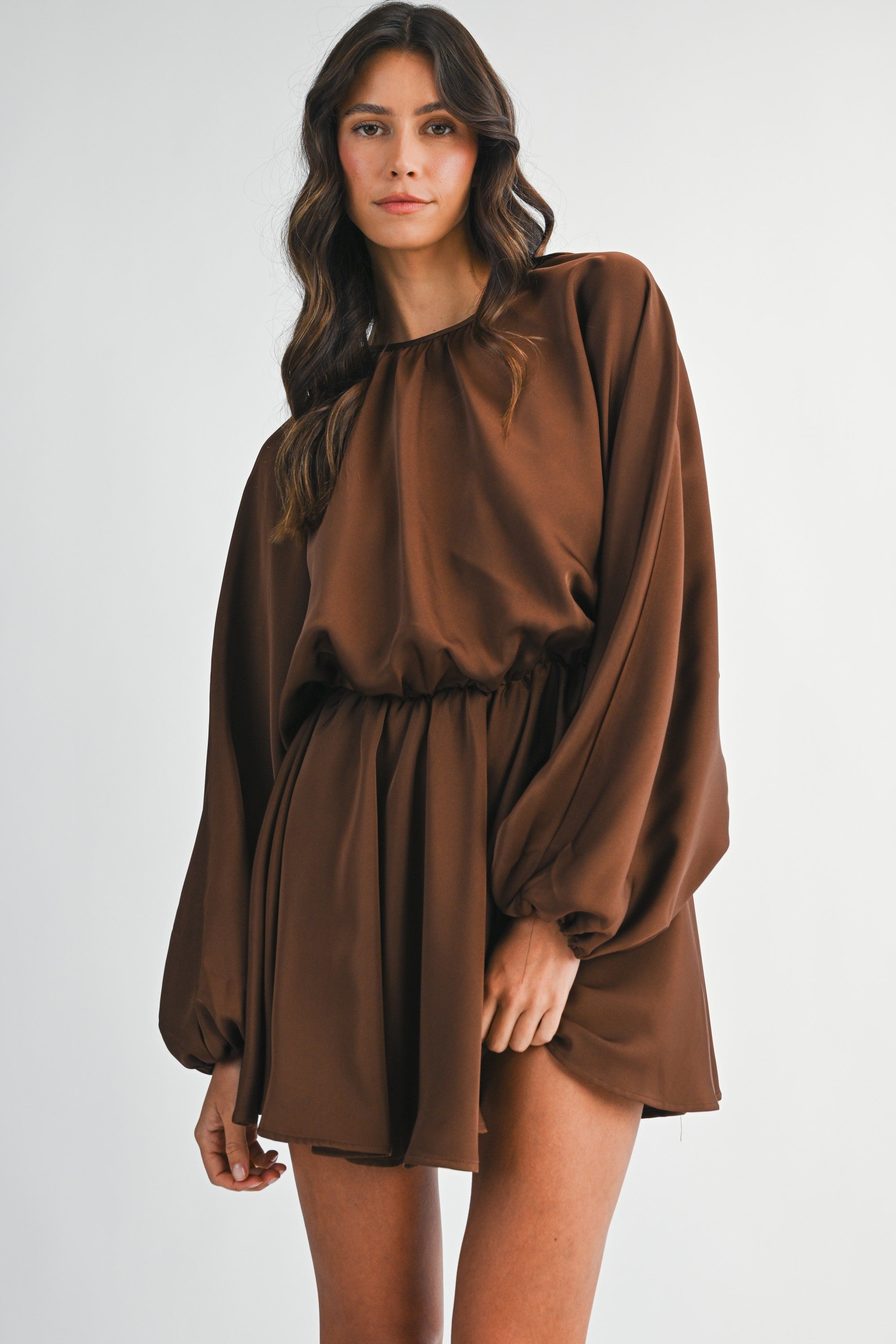 Satin Balloon Long Sleeve Mini Dress