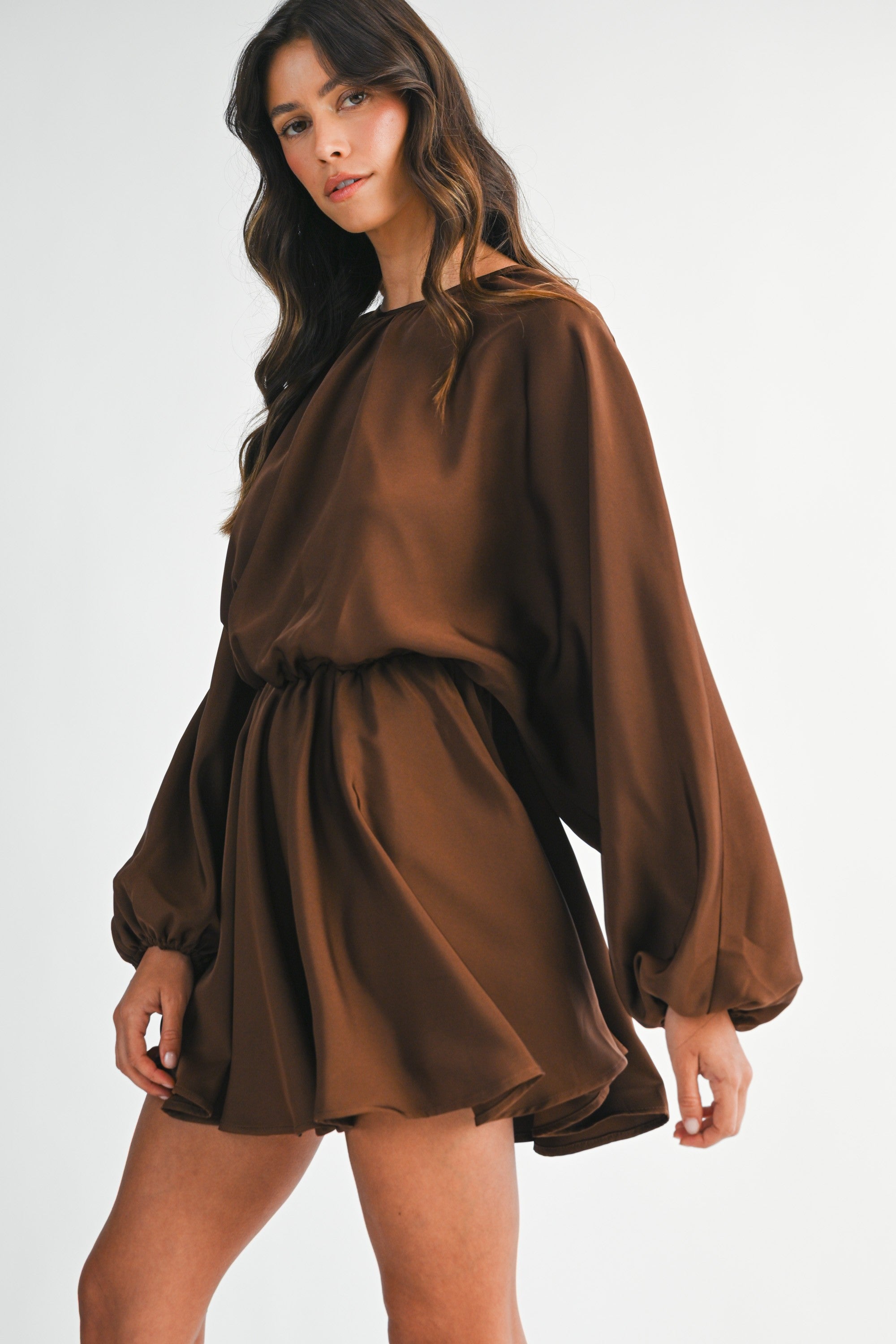 Satin Balloon Long Sleeve Mini Dress