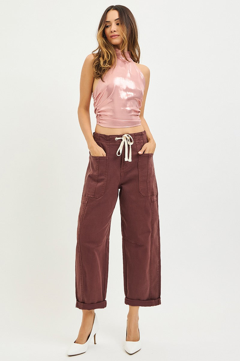 High Rise Crop Wide Barrel Cargo Pocket Cuffed