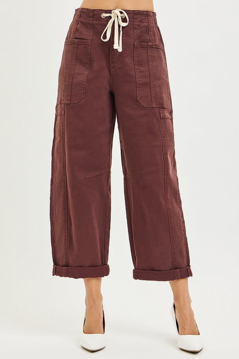 High Rise Crop Wide Barrel Cargo Pocket Cuffed