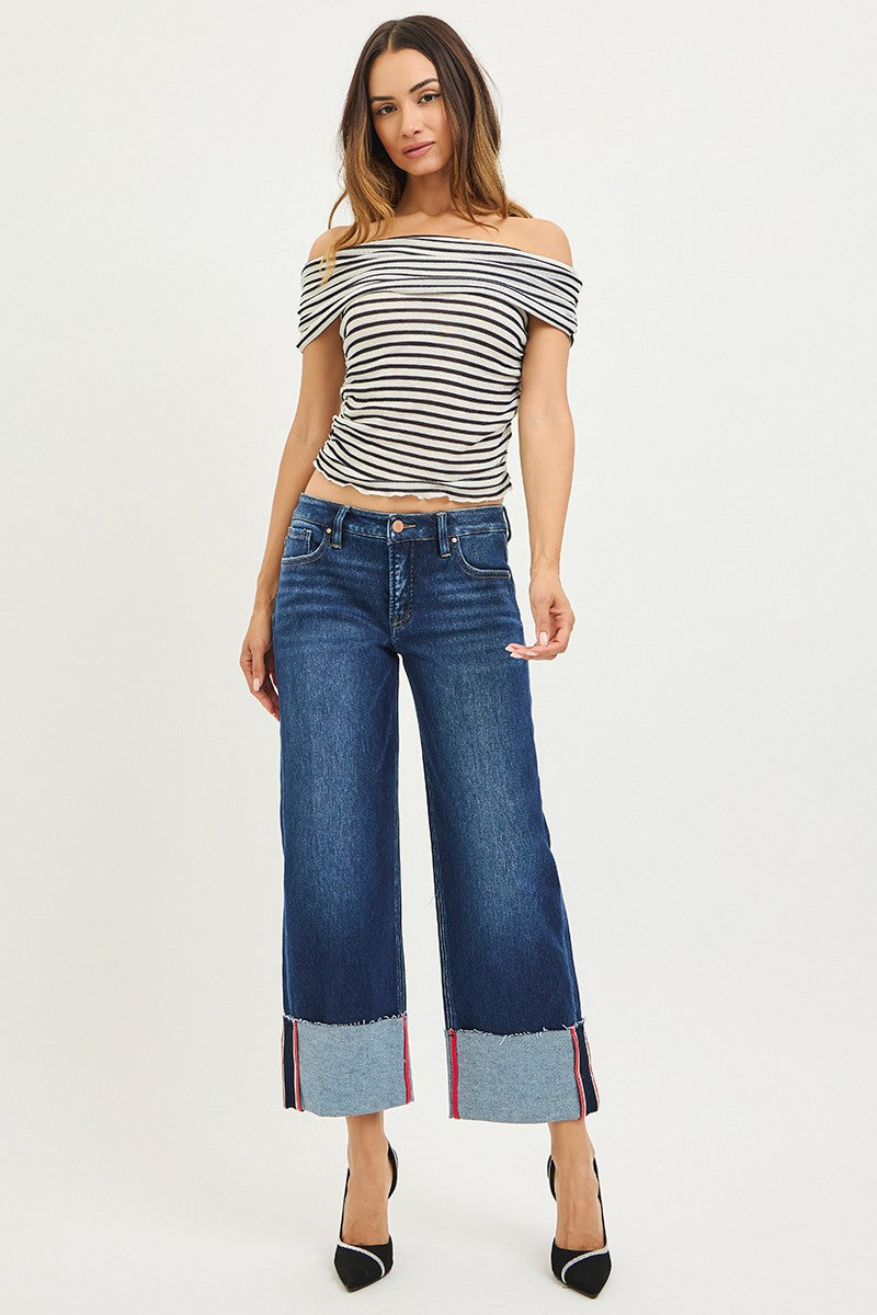 Tummy Contorl Mid Rise Crop Wide Cuffed Jeans