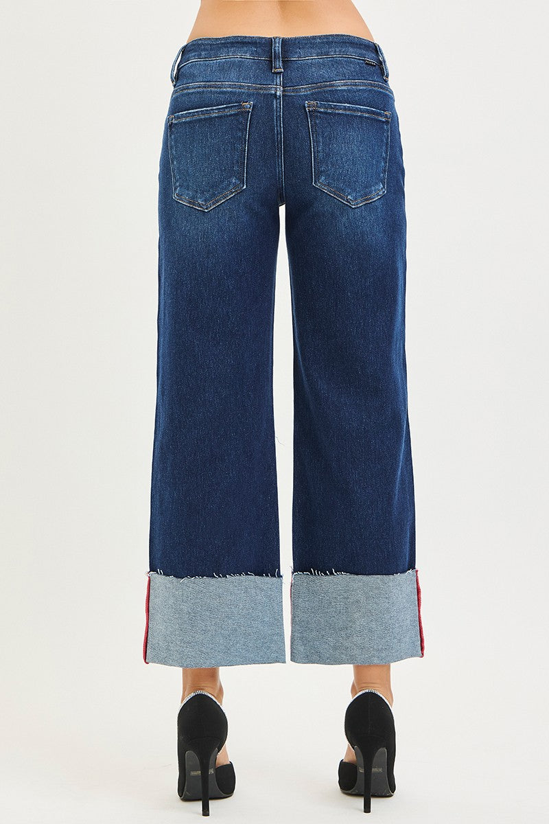 Tummy Contorl Mid Rise Crop Wide Cuffed Jeans