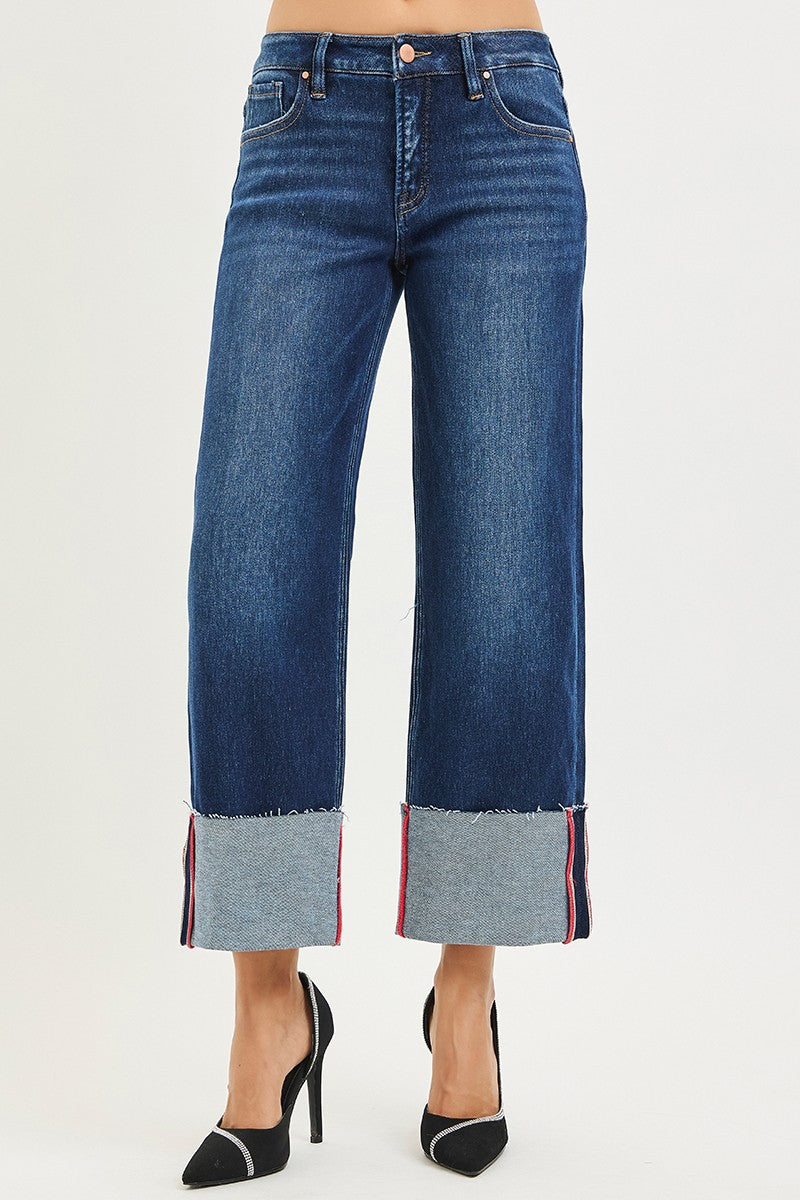 Tummy Contorl Mid Rise Crop Wide Cuffed Jeans