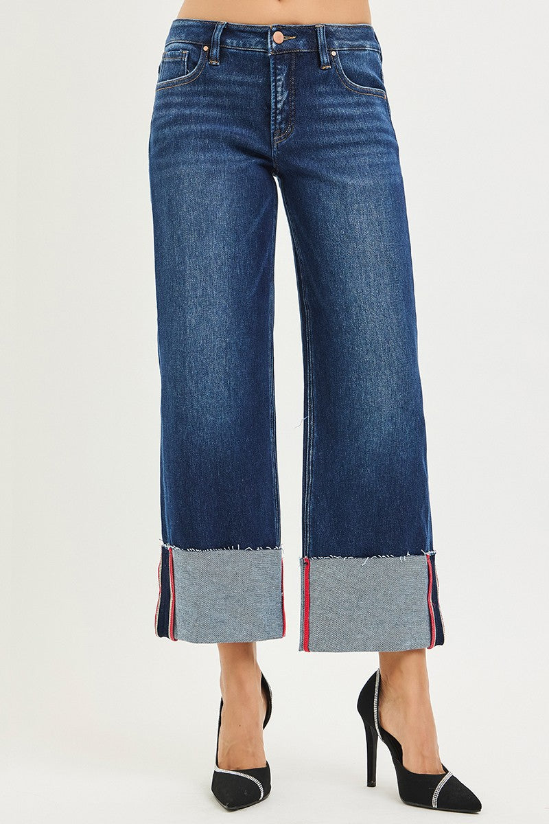 Tummy Contorl Mid Rise Crop Wide Cuffed Jeans