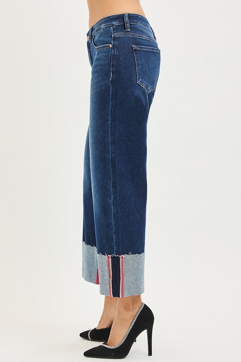 Tummy Contorl Mid Rise Crop Wide Cuffed Jeans