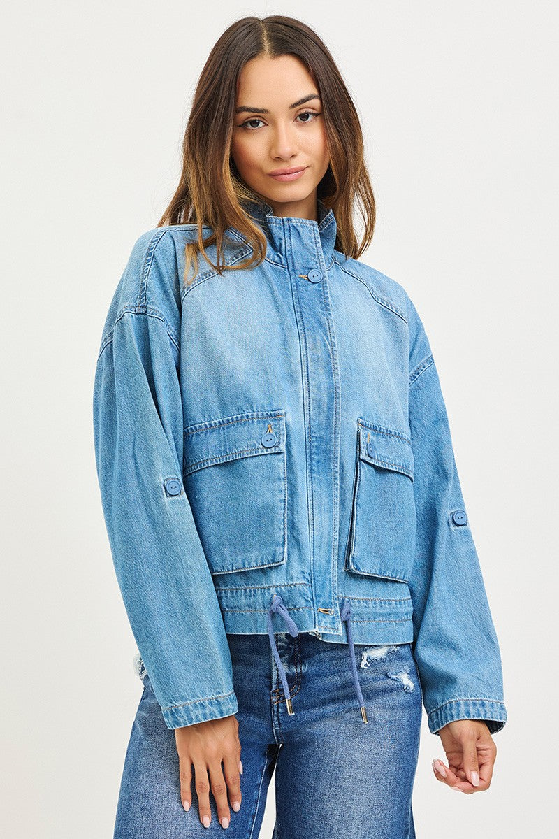 Oversized Jacket With Cargo Pocket Waist String