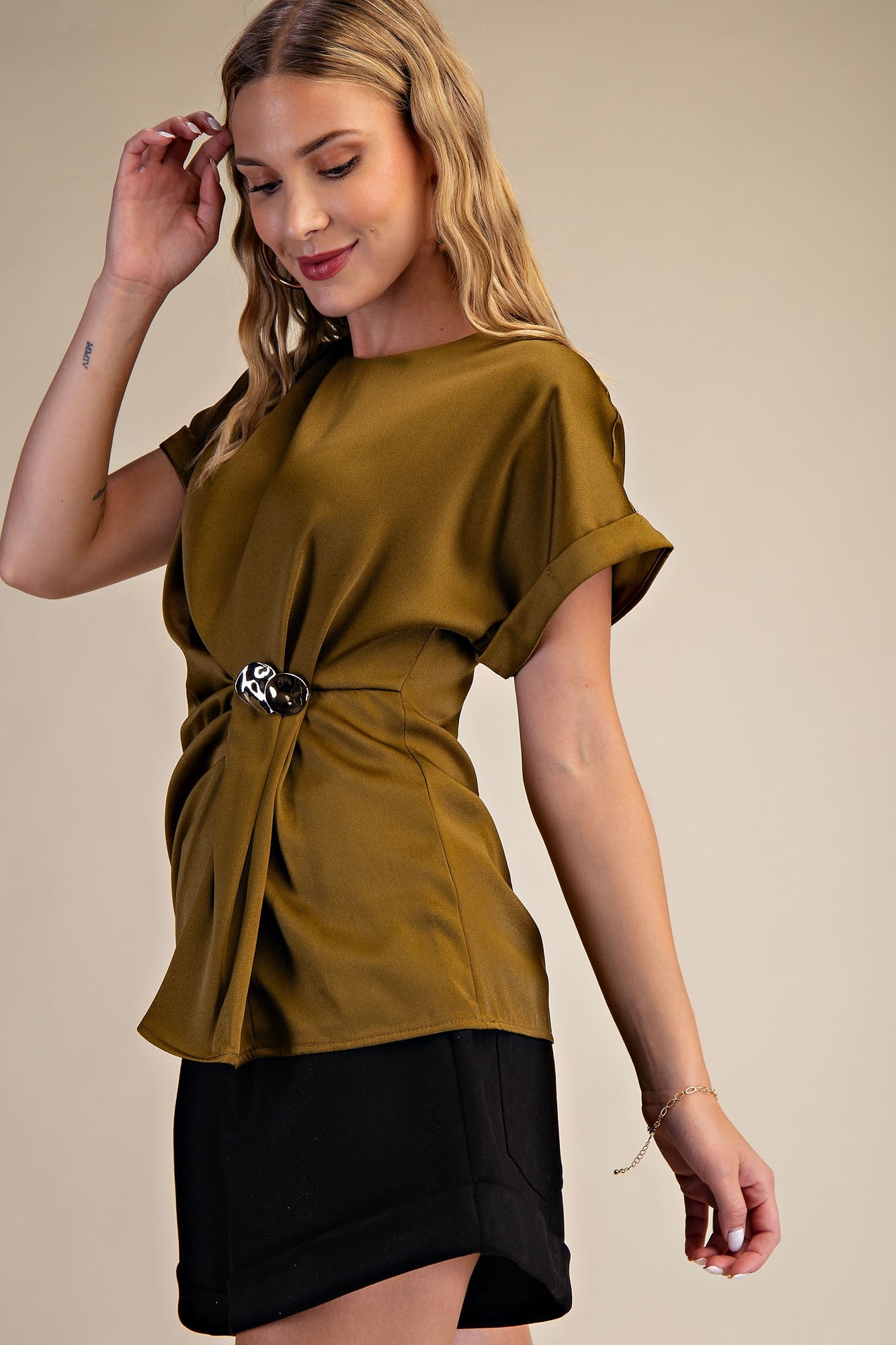Gathered Metal Trim Short Sleeve Top
