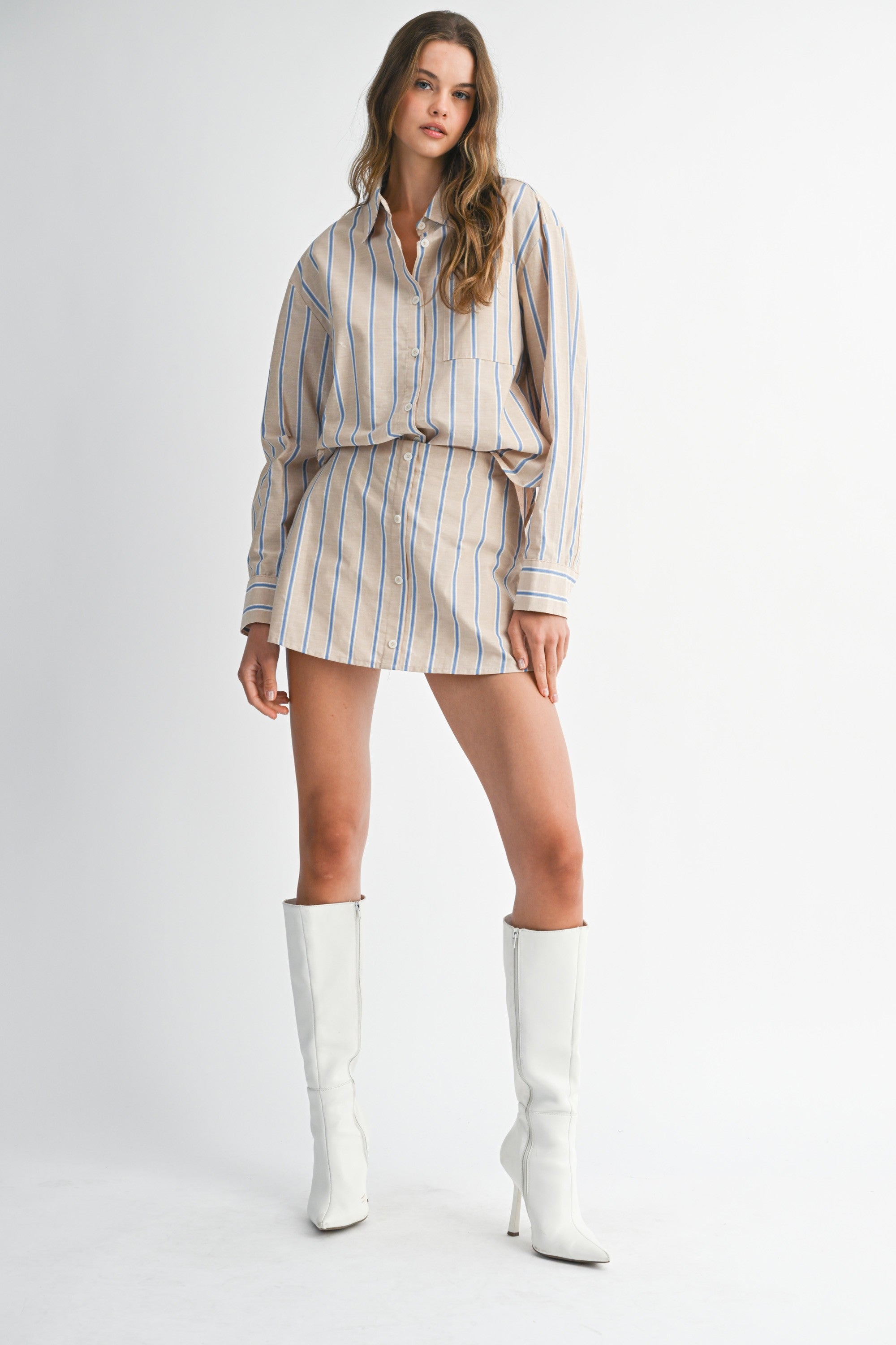 Pin Stripe Shirts And Skirt With Shorts Lining Set