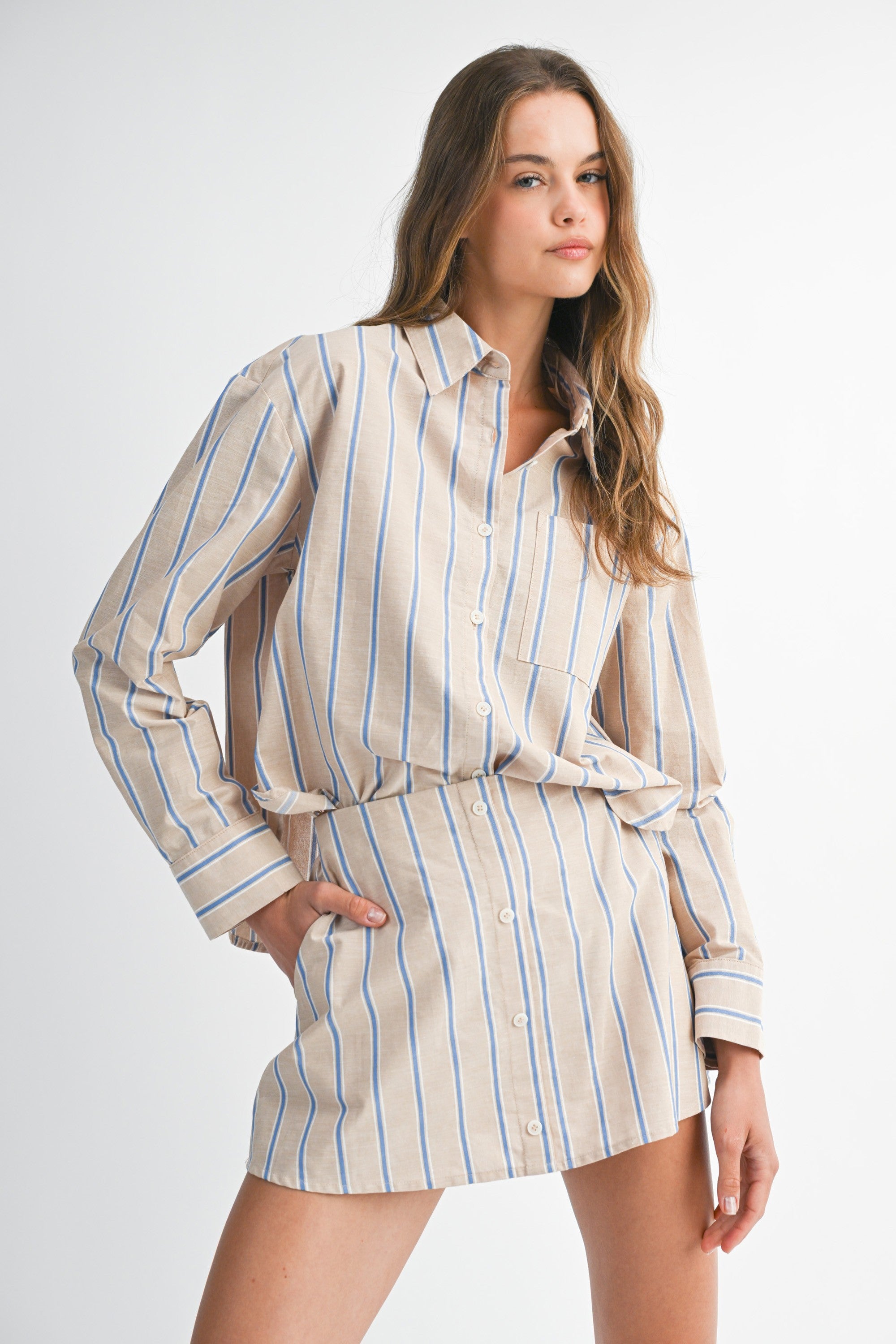 Pin Stripe Shirts And Skirt With Shorts Lining Set