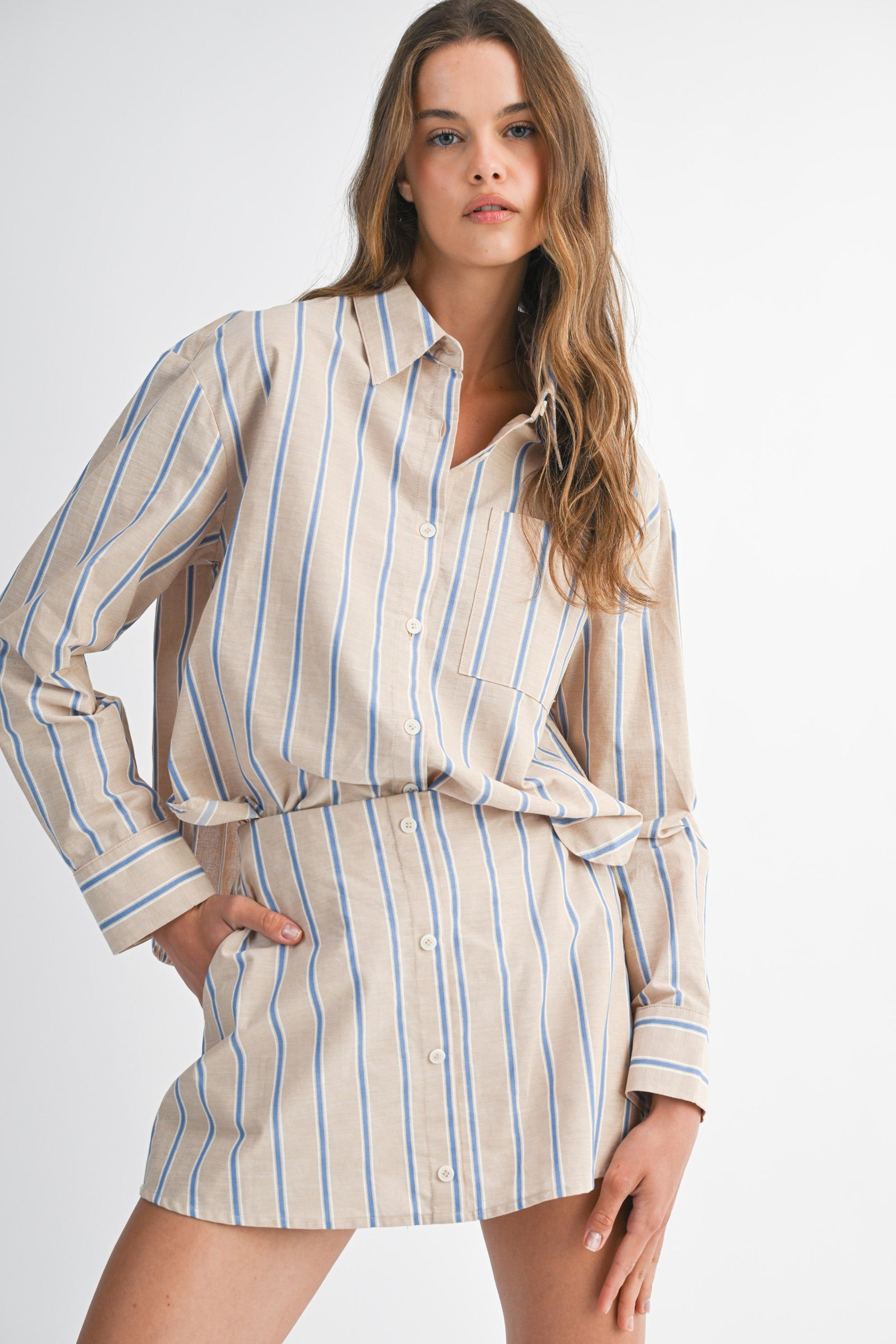 Pin Stripe Shirts And Skirt With Shorts Lining Set