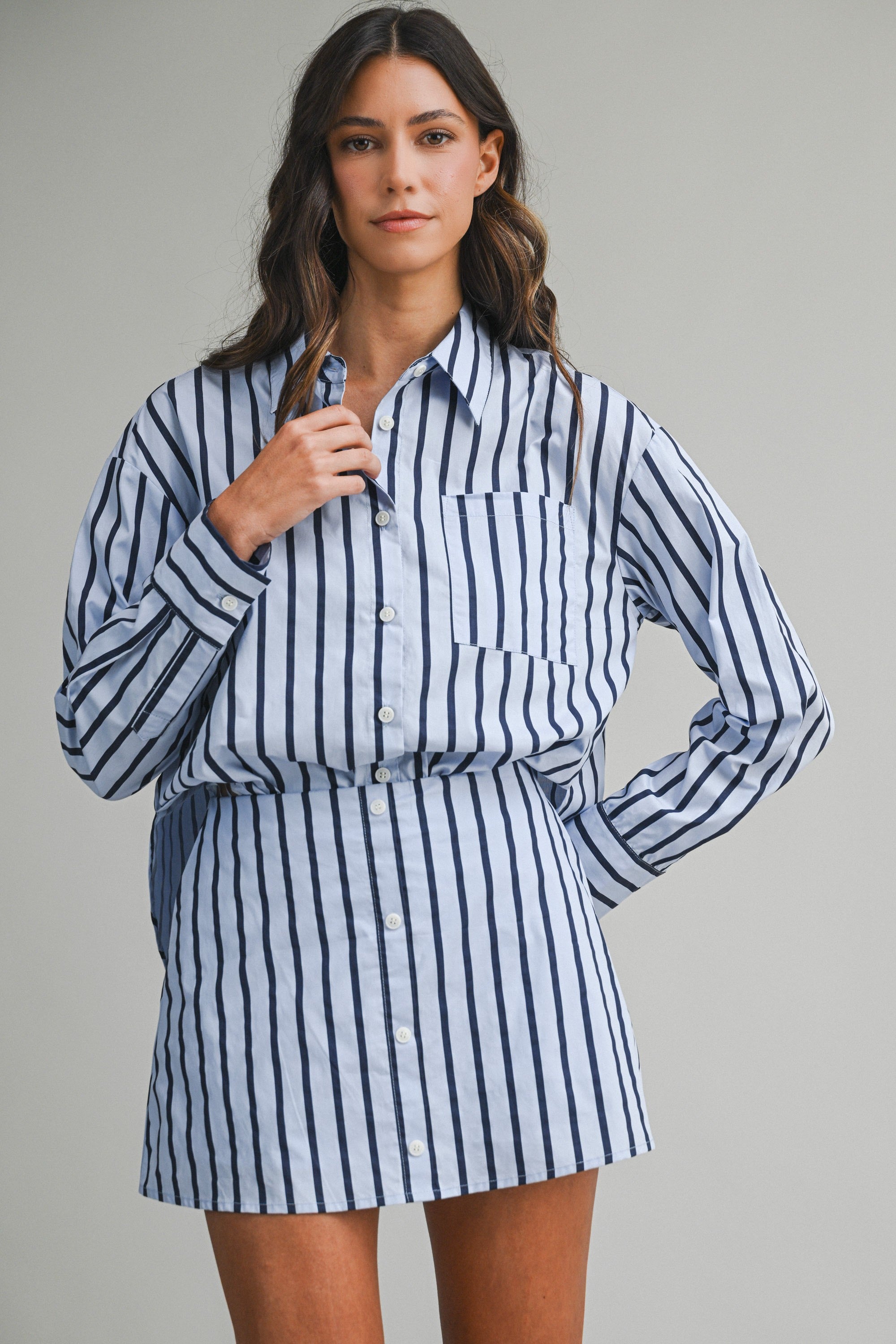 Pin Stripe Shirts And Skirt With Shorts Lining Set