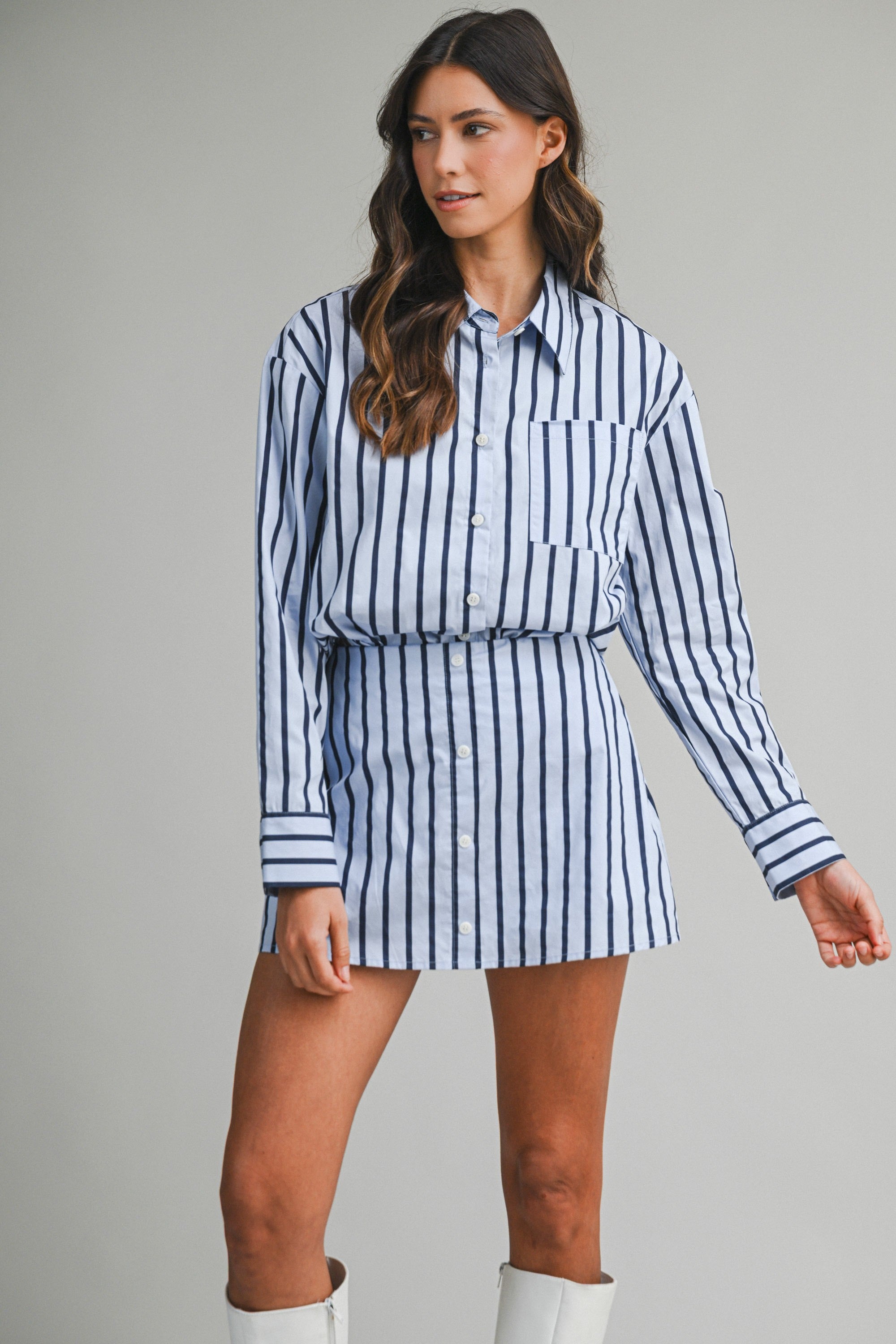 Pin Stripe Shirts And Skirt With Shorts Lining Set