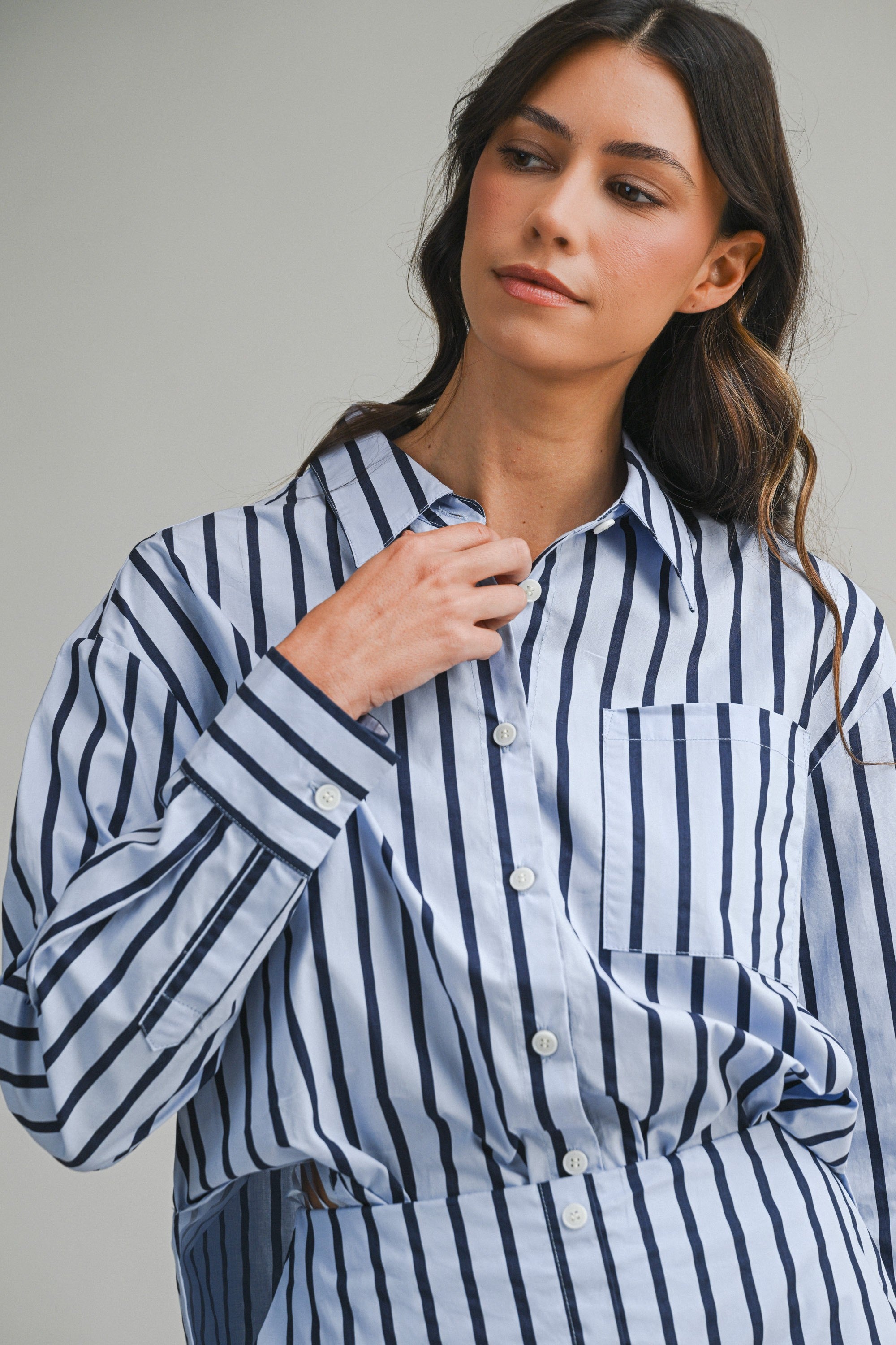 Pin Stripe Shirts And Skirt With Shorts Lining Set