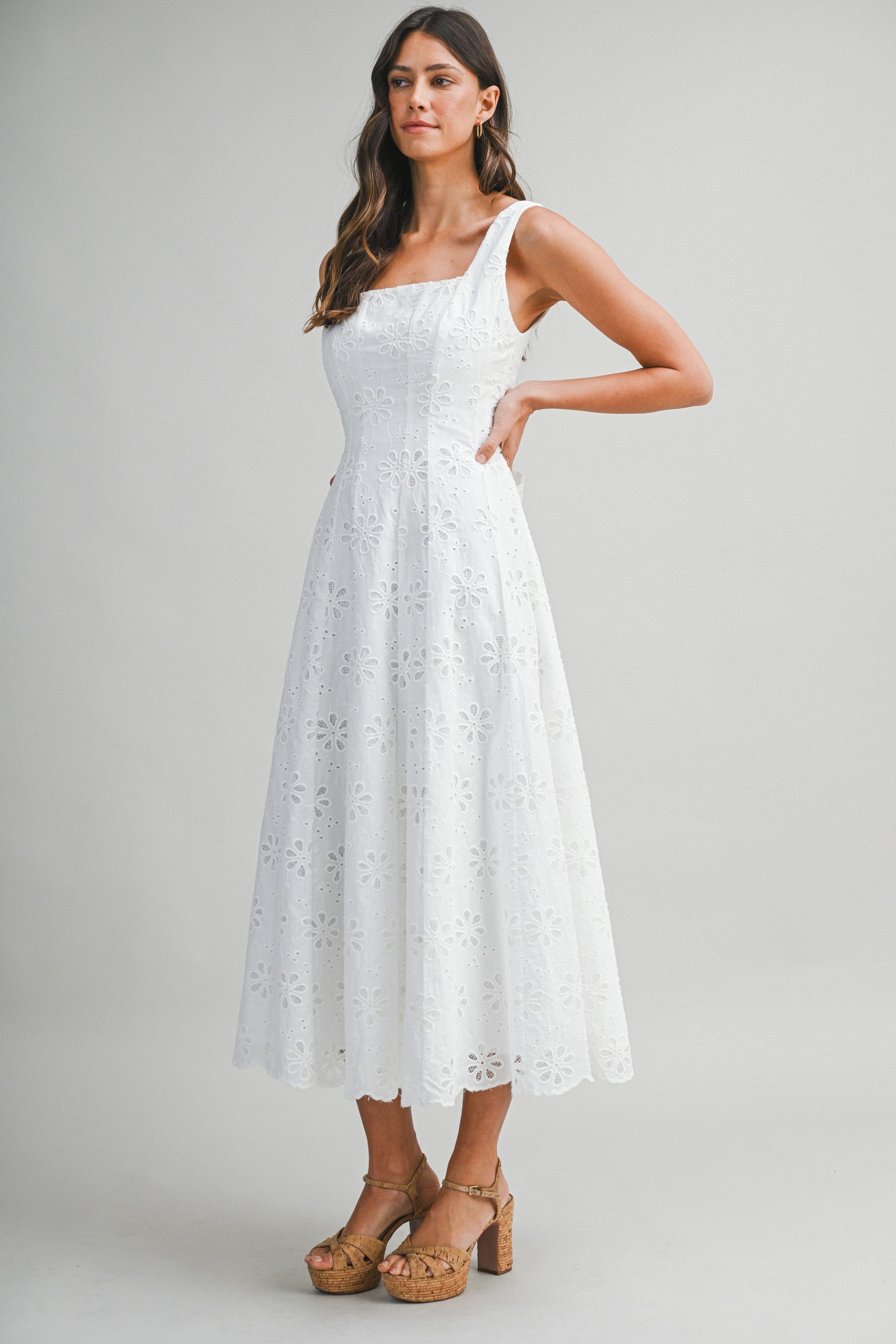Floral Eyelet Lace Square Neckline Midi Dress