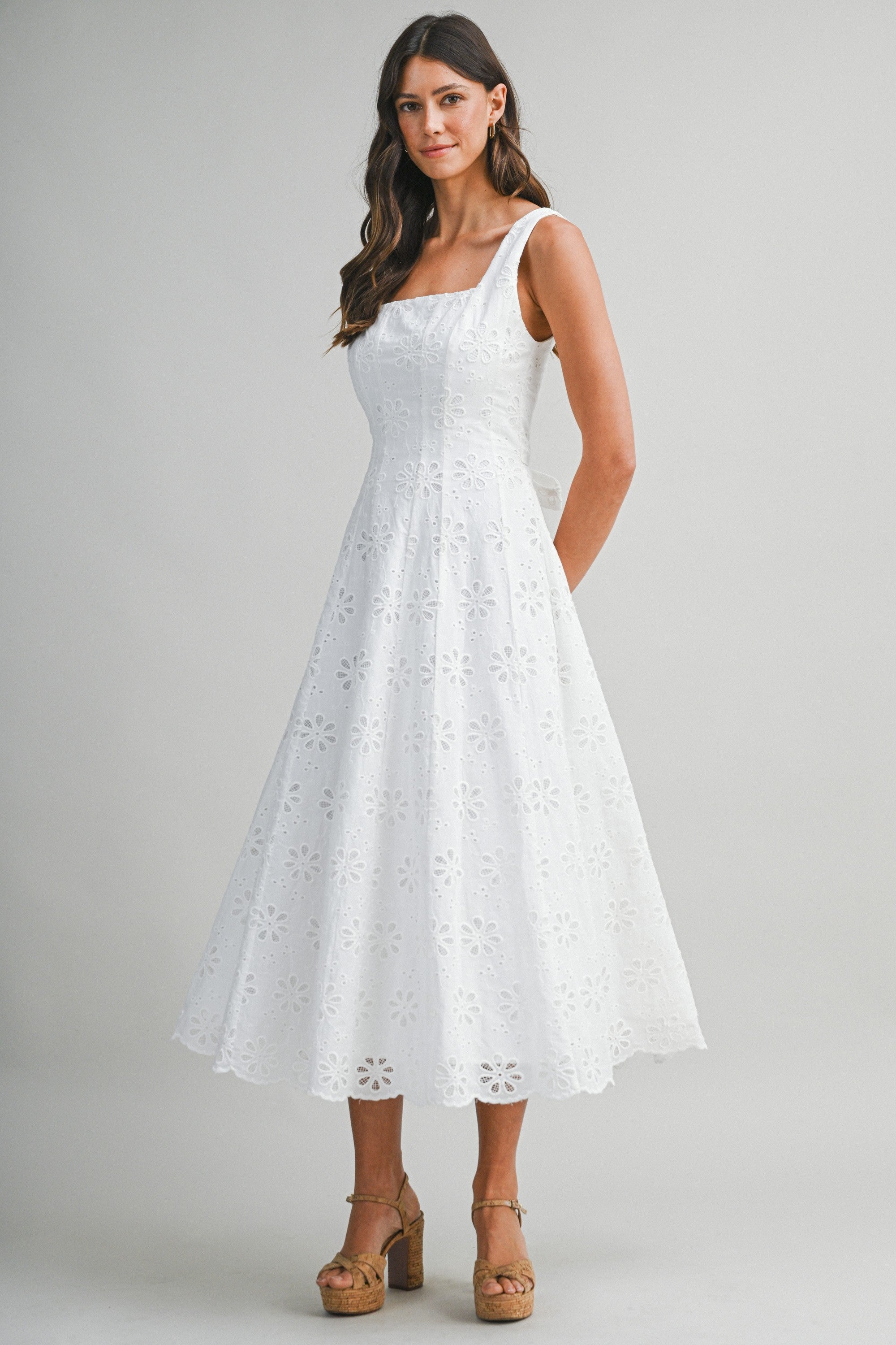 Floral Eyelet Lace Square Neckline Midi Dress