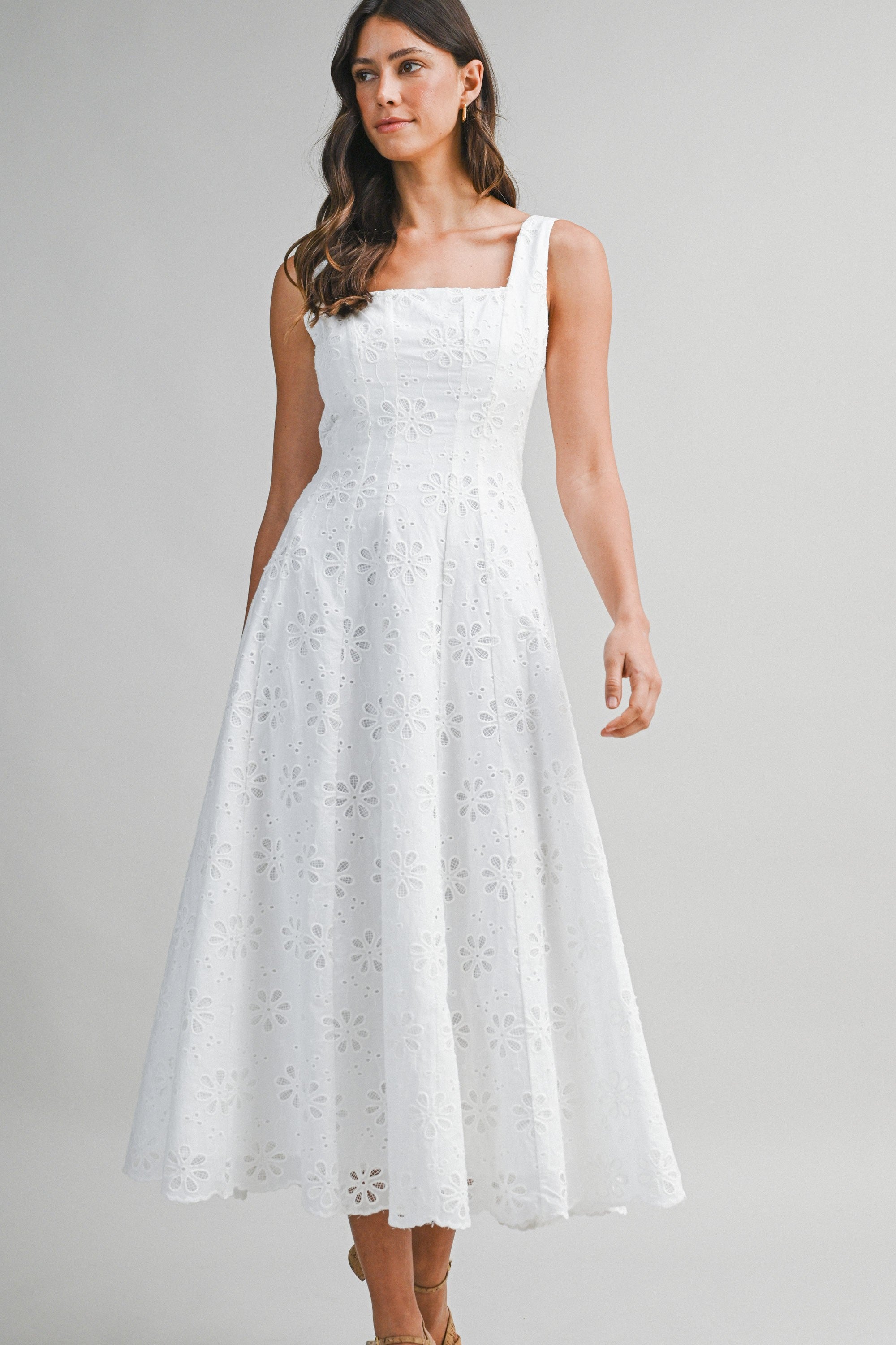 Floral Eyelet Lace Square Neckline Midi Dress