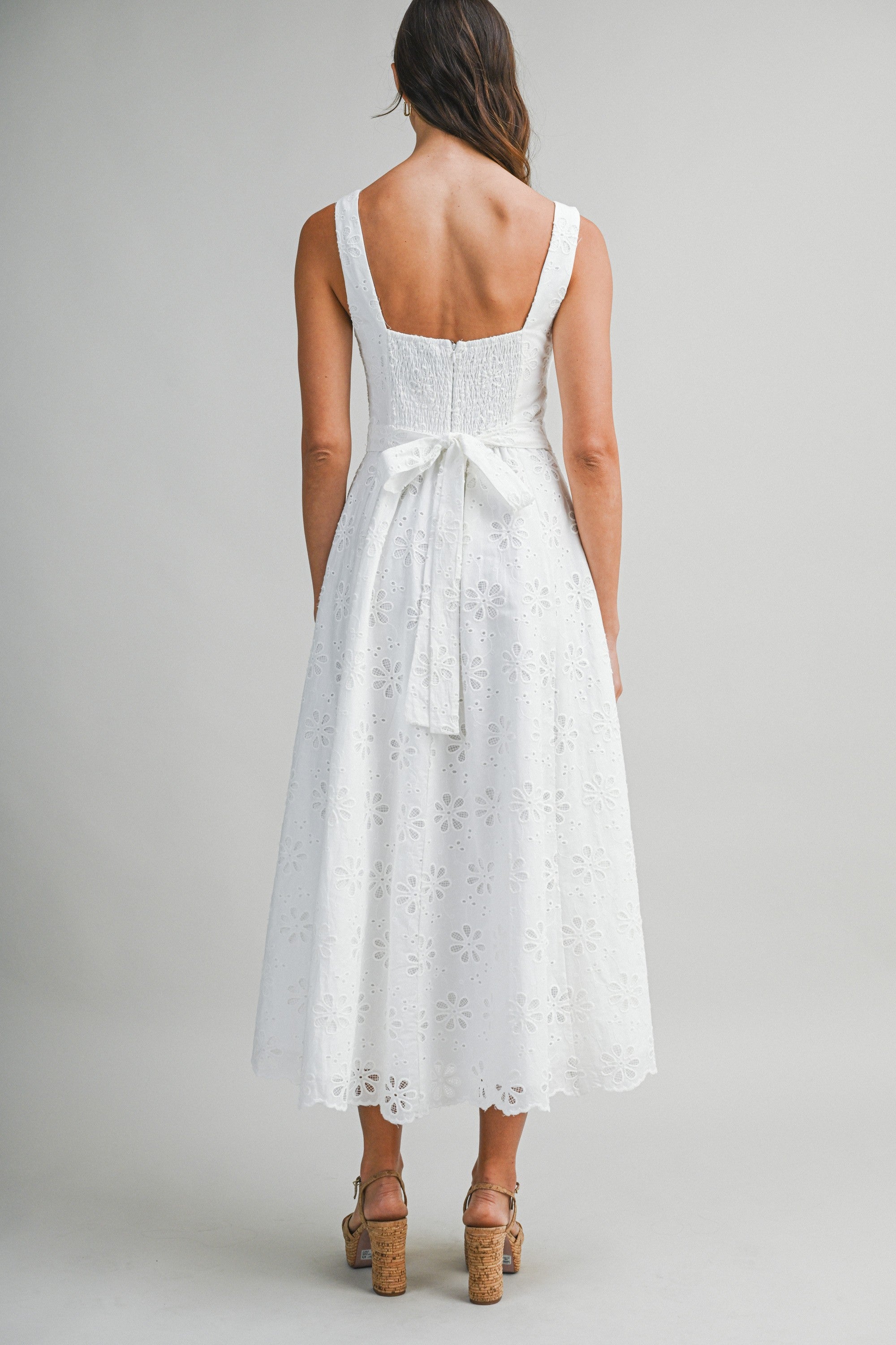 Floral Eyelet Lace Square Neckline Midi Dress