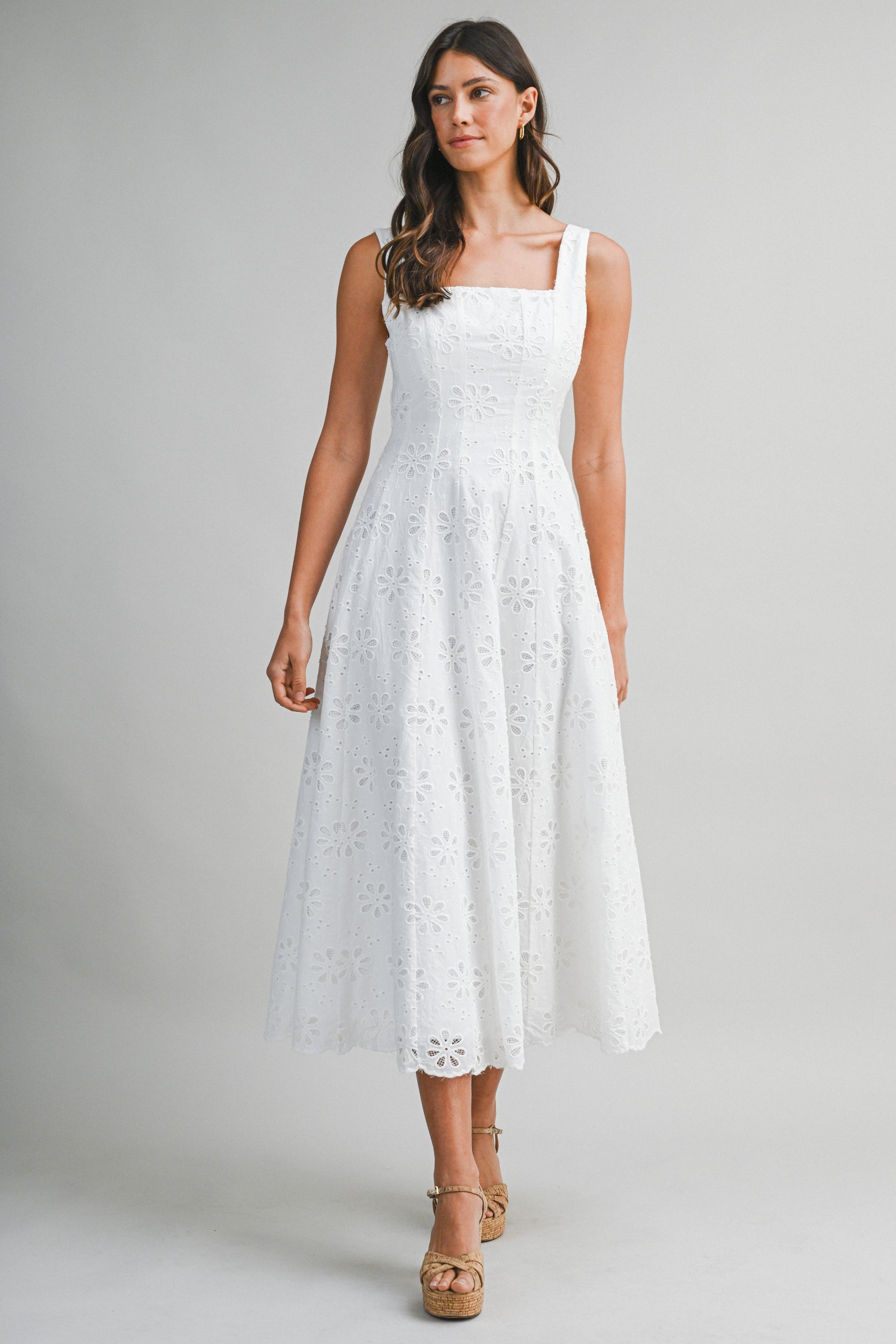 Floral Eyelet Lace Square Neckline Midi Dress