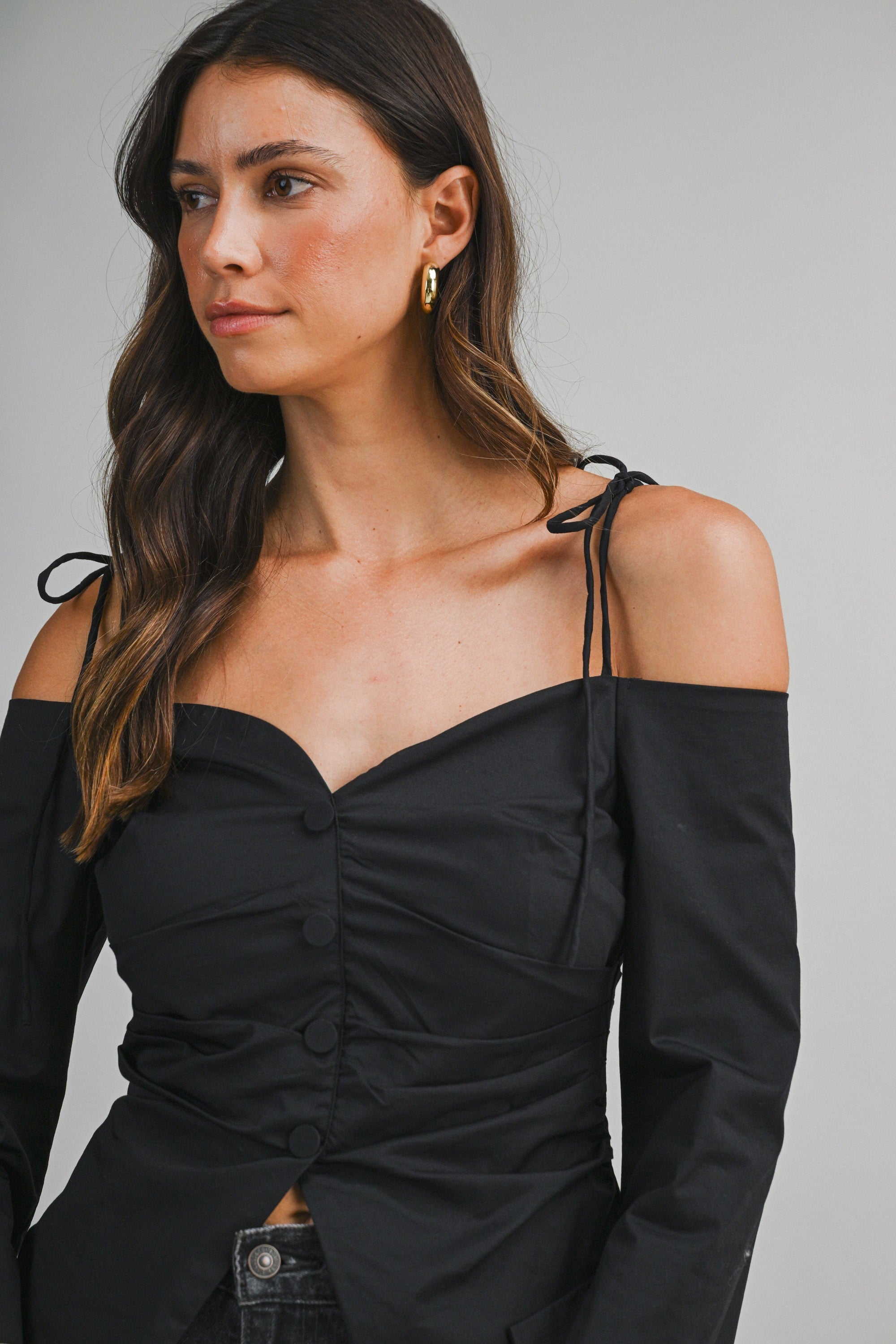 Off Shoulder Tie Strap Fitted Blouse