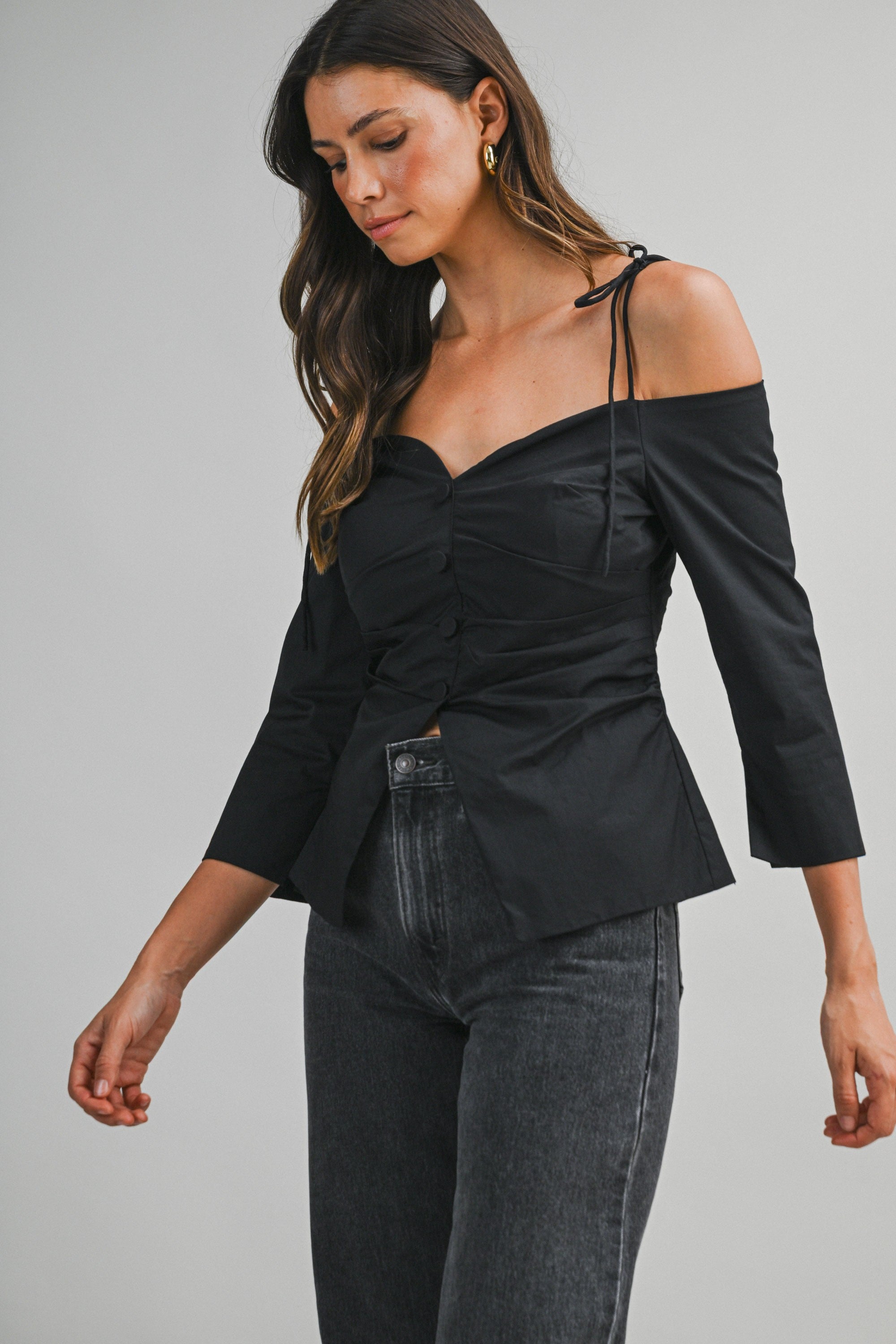 Off Shoulder Tie Strap Fitted Blouse