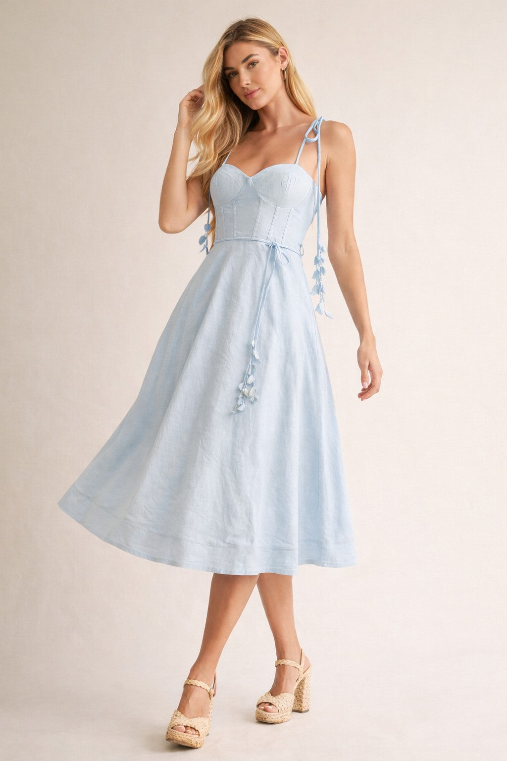 Linen Midi Dress With Corset Bodice