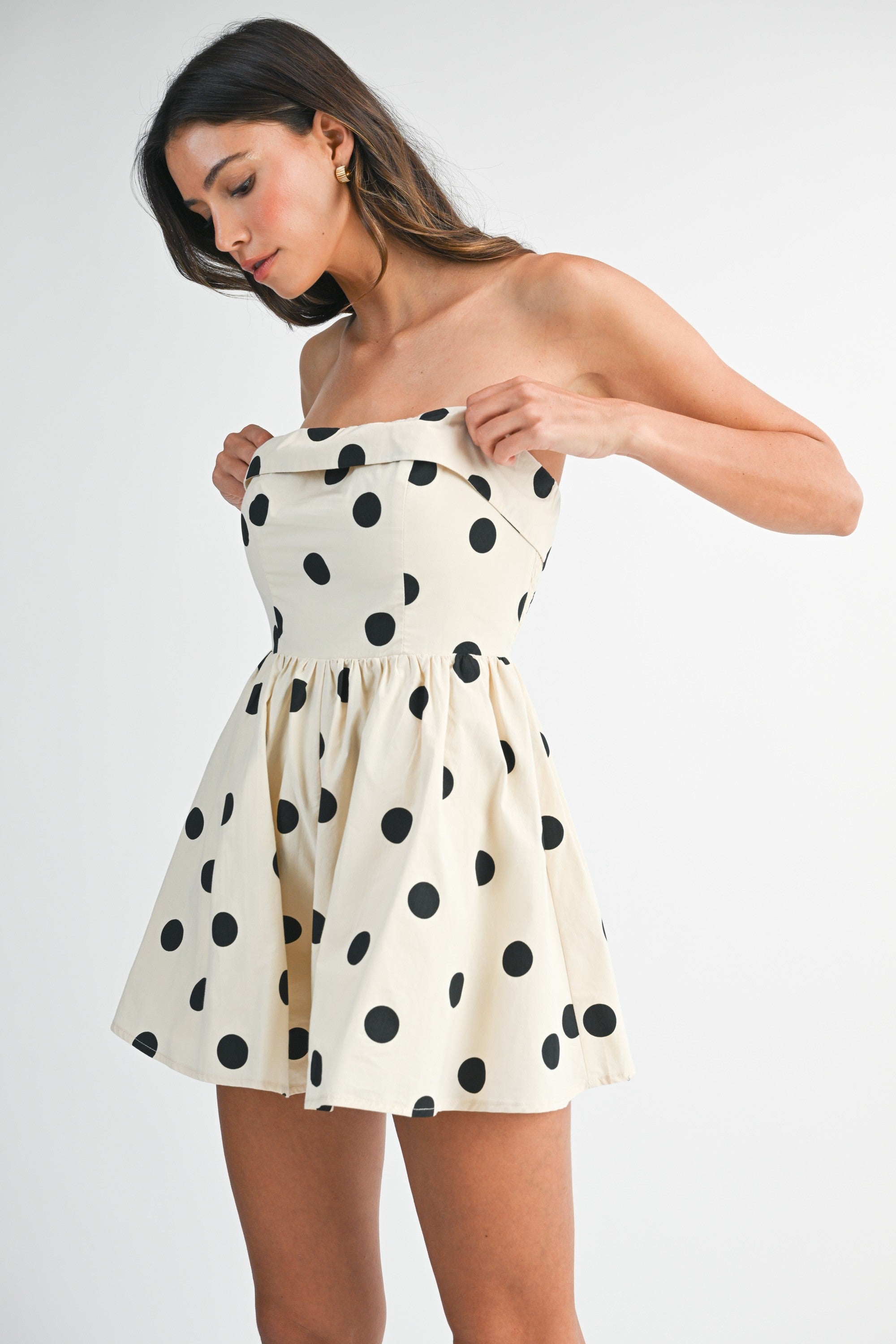 Polka Dot Strapless Fold Over Tube Romper