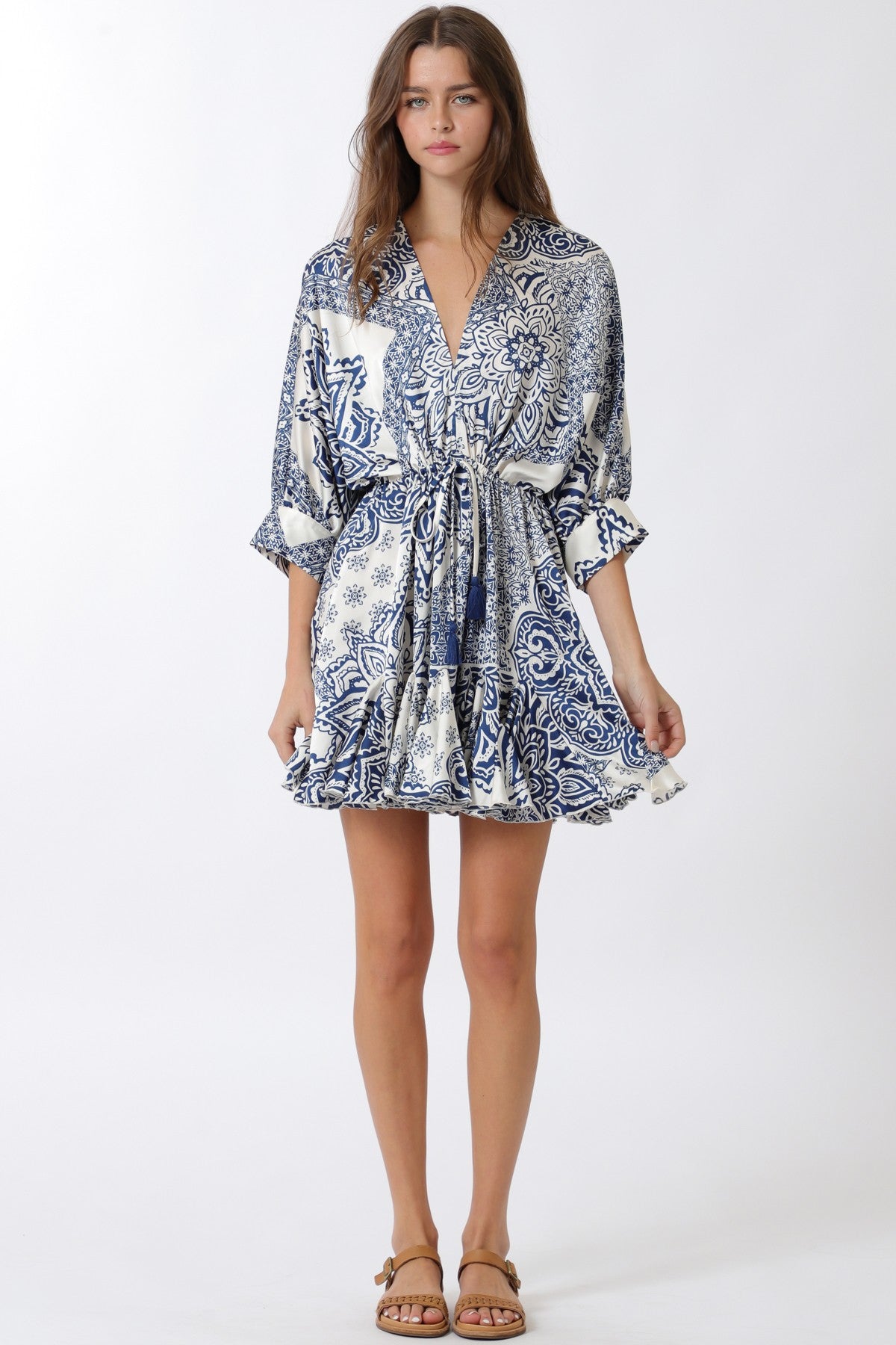 Dolman 3/4 Sleeve Detail Tie Waist Mini Dress