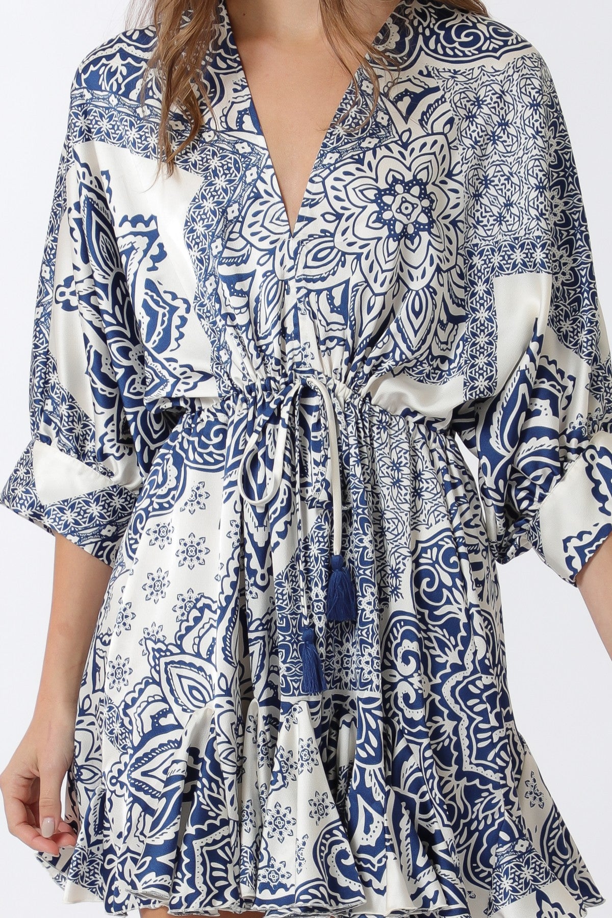 Dolman 3/4 Sleeve Detail Tie Waist Mini Dress