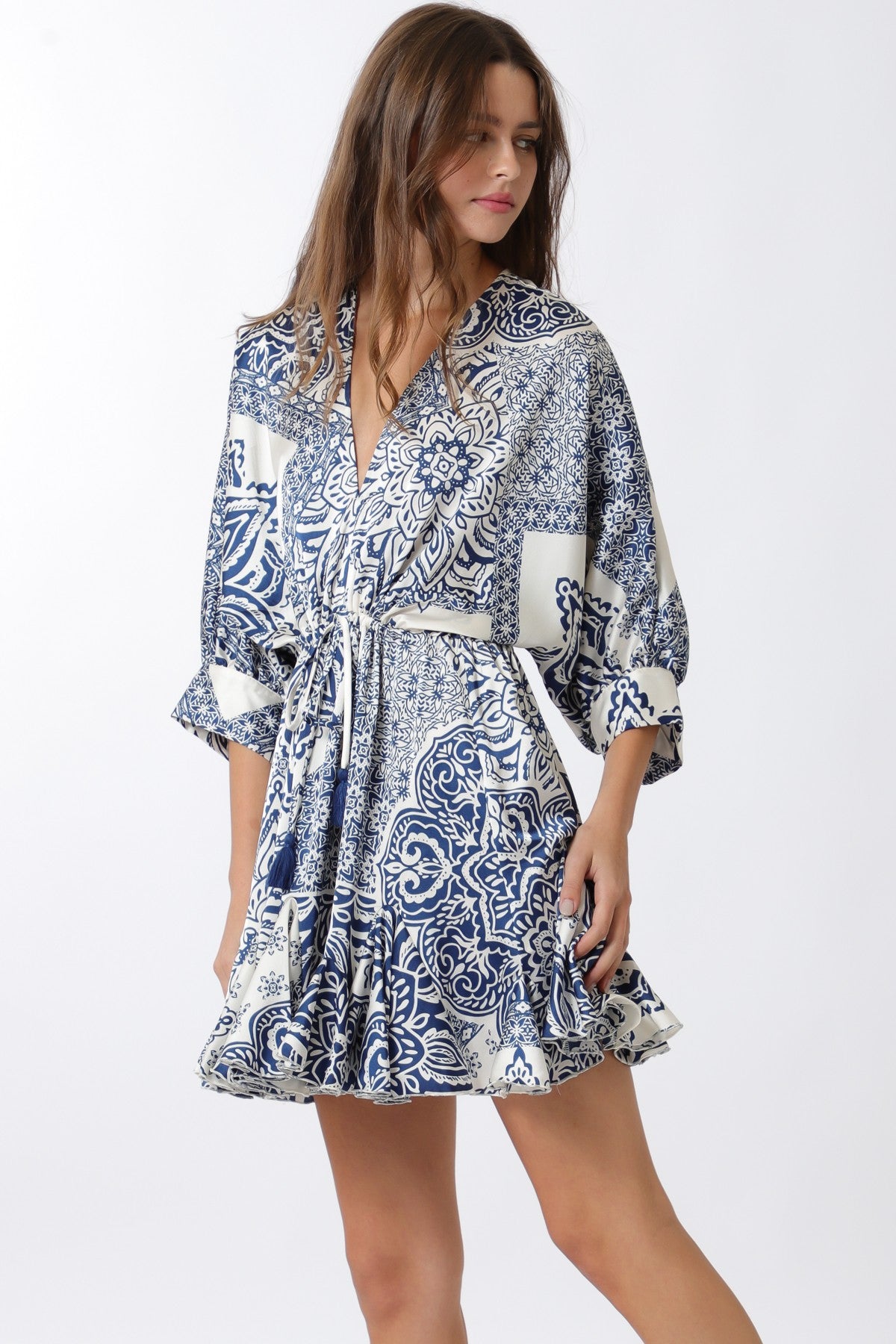 Dolman 3/4 Sleeve Detail Tie Waist Mini Dress