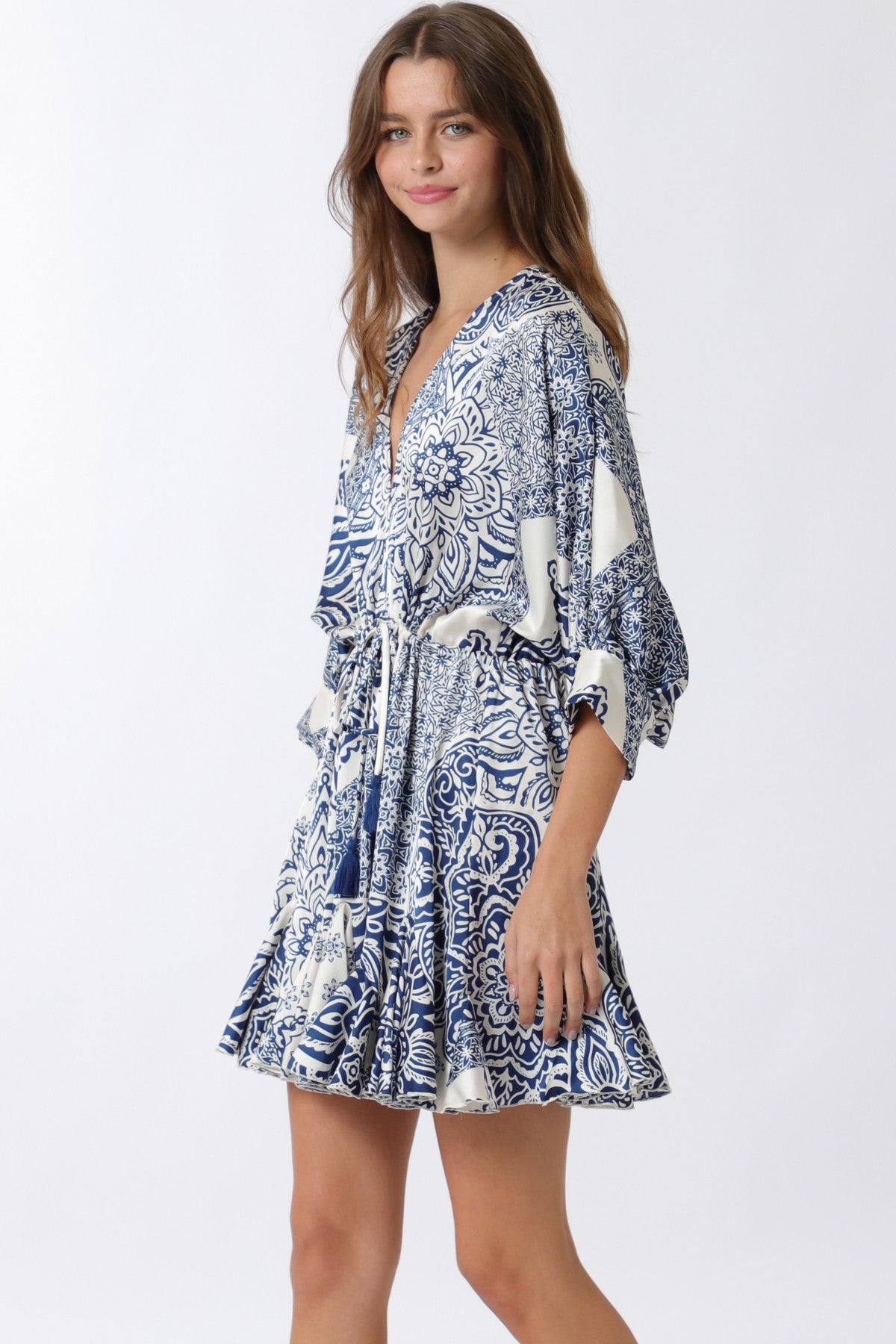 Dolman 3/4 Sleeve Detail Tie Waist Mini Dress