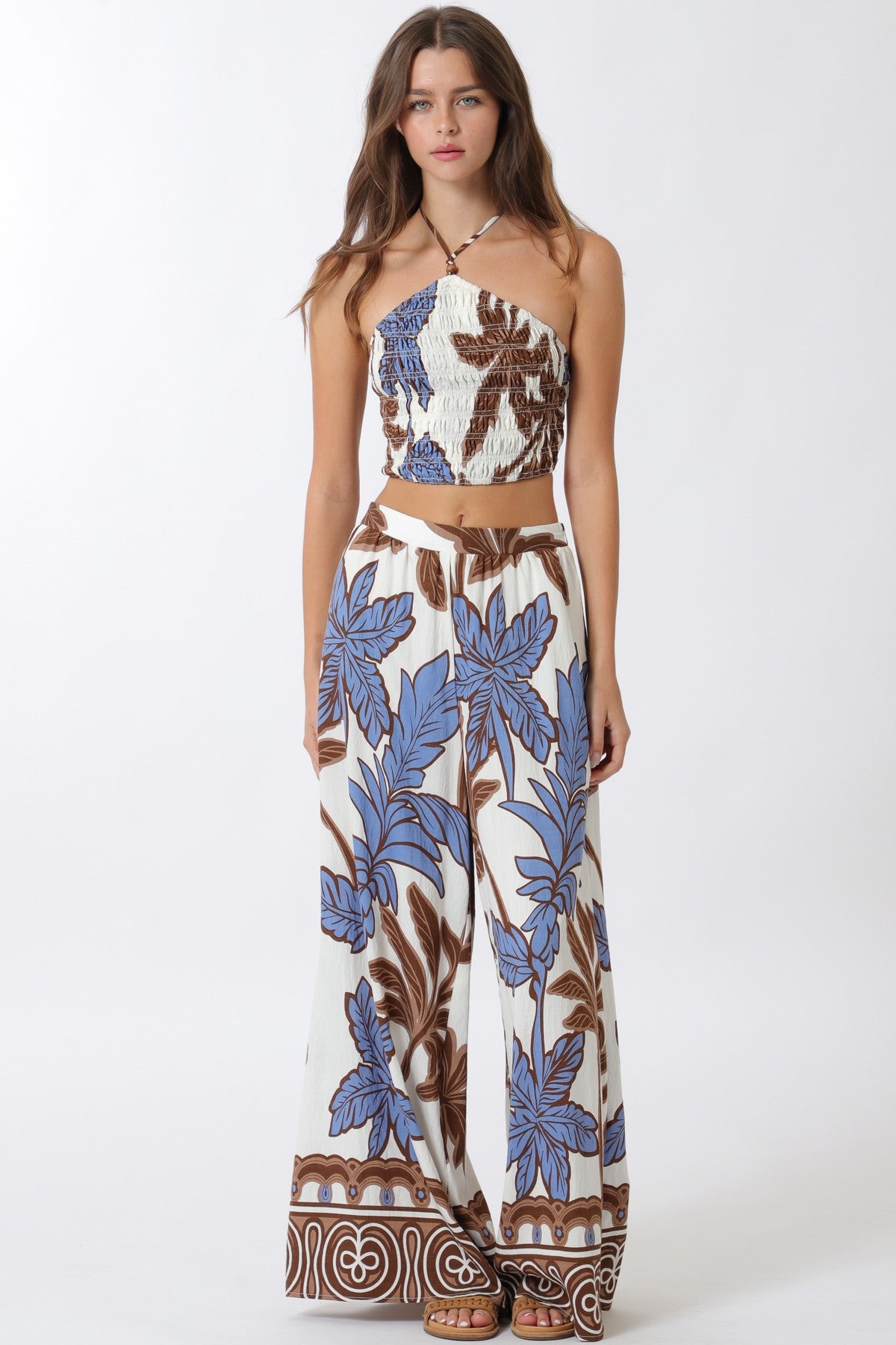 Elastic Smocked Halter Top And Long Pants Set