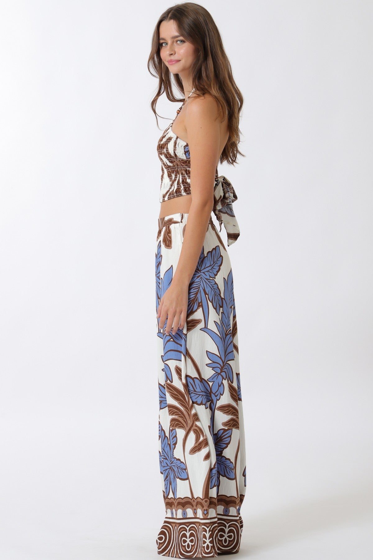 Elastic Smocked Halter Top And Long Pants Set