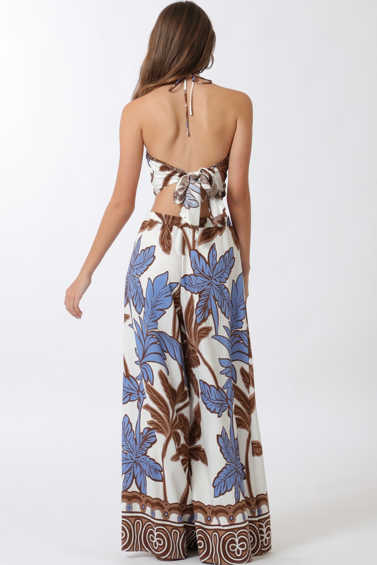 Elastic Smocked Halter Top And Long Pants Set