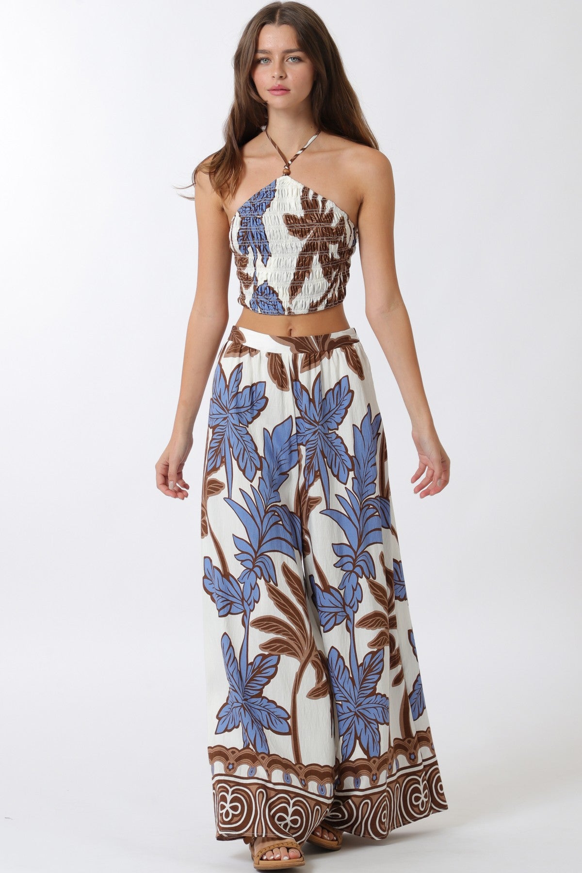 Elastic Smocked Halter Top And Long Pants Set