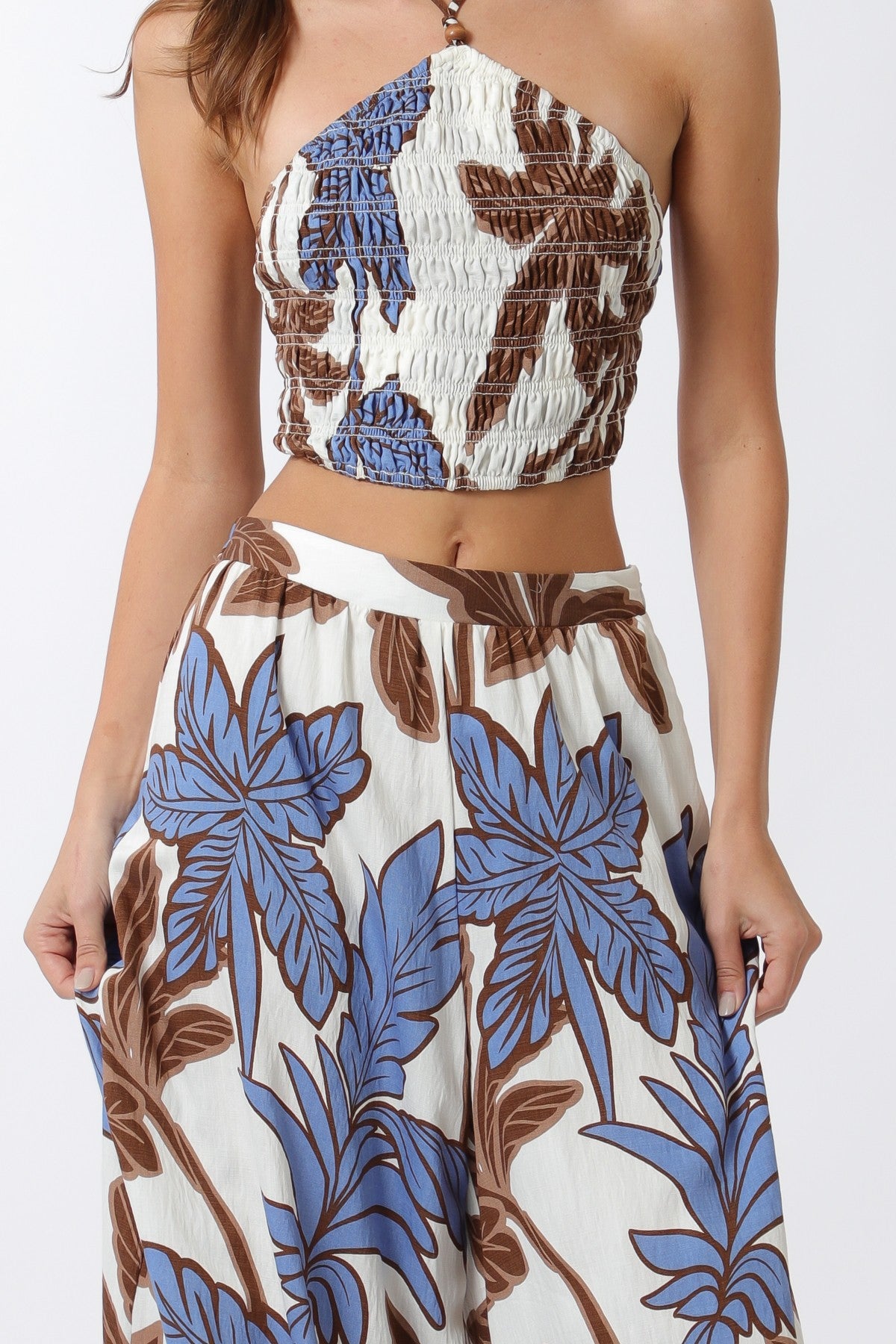 Elastic Smocked Halter Top And Long Pants Set