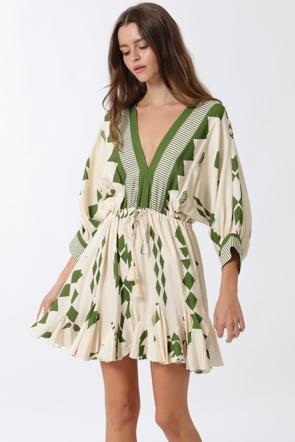 Dolman Sleeve Border Tie Waist Mini Dress