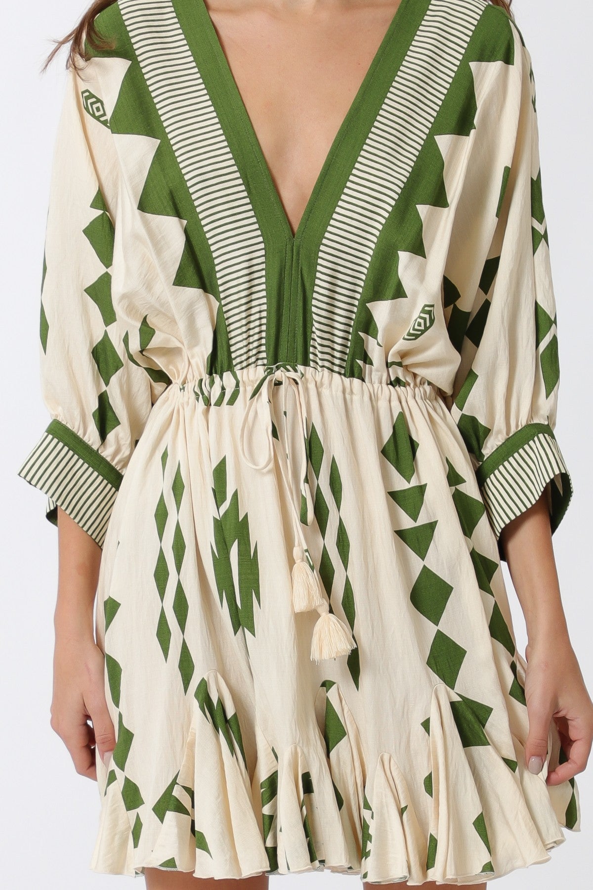 Dolman Sleeve Border Tie Waist Mini Dress