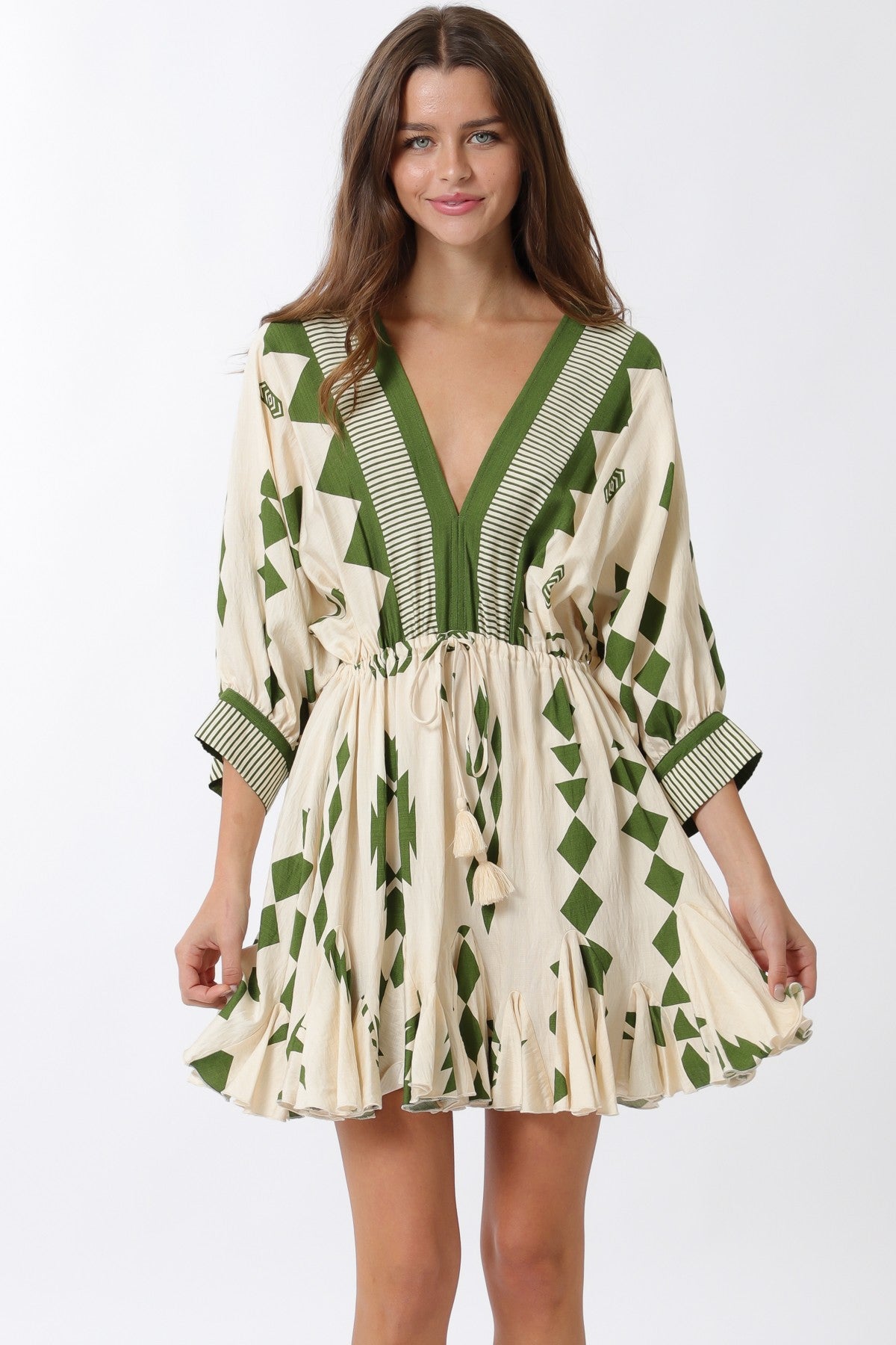 Dolman Sleeve Border Tie Waist Mini Dress