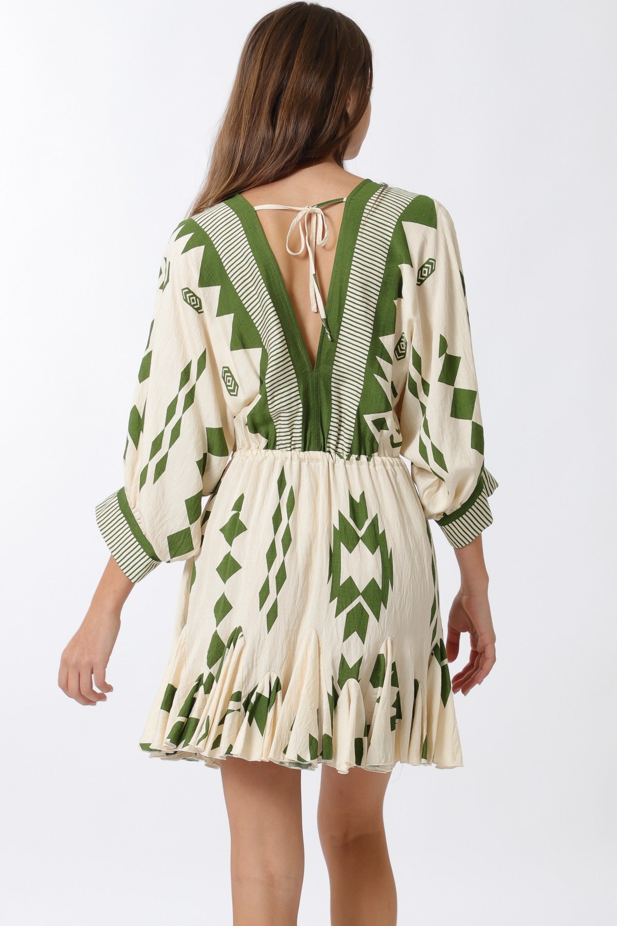 Dolman Sleeve Border Tie Waist Mini Dress