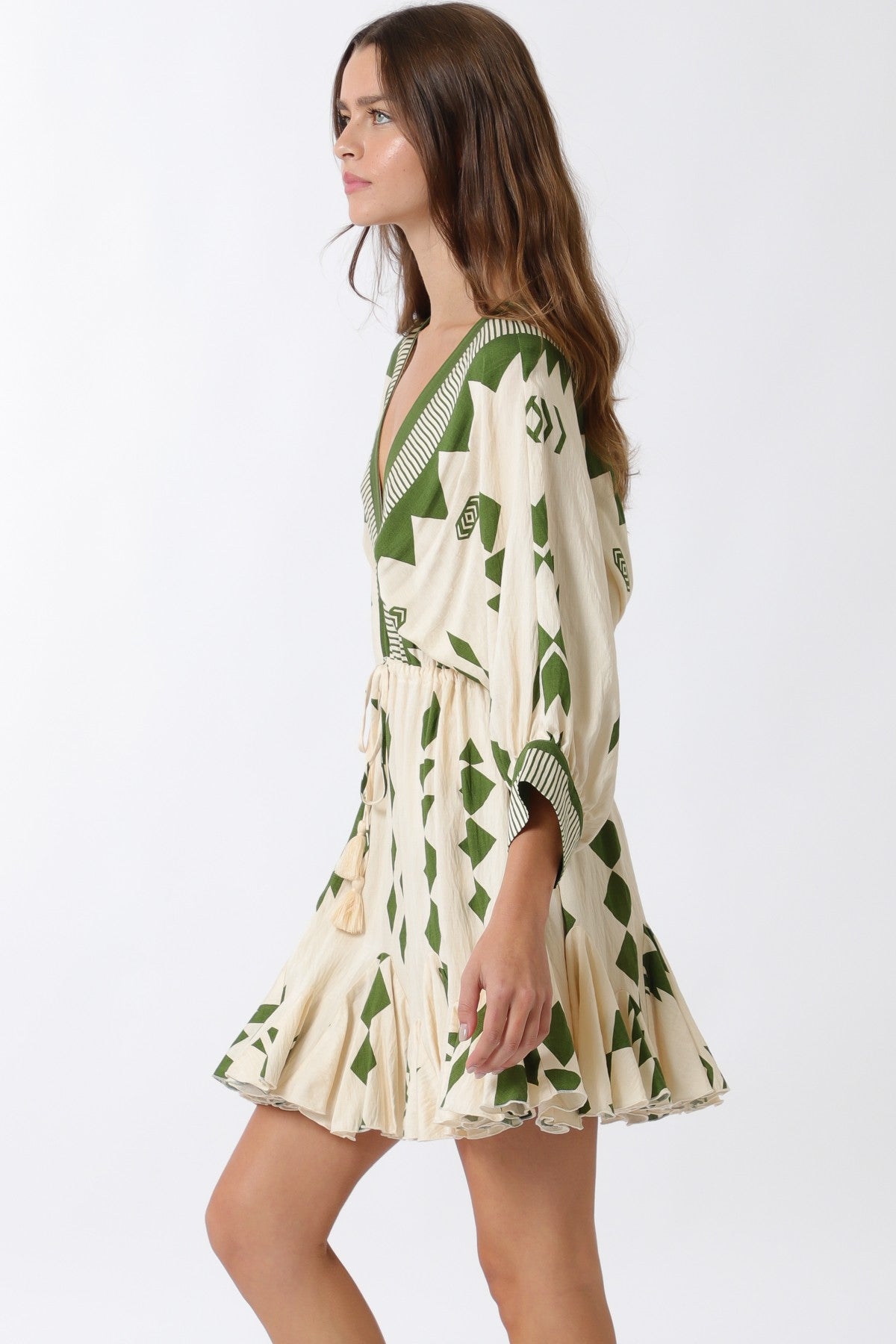 Dolman Sleeve Border Tie Waist Mini Dress