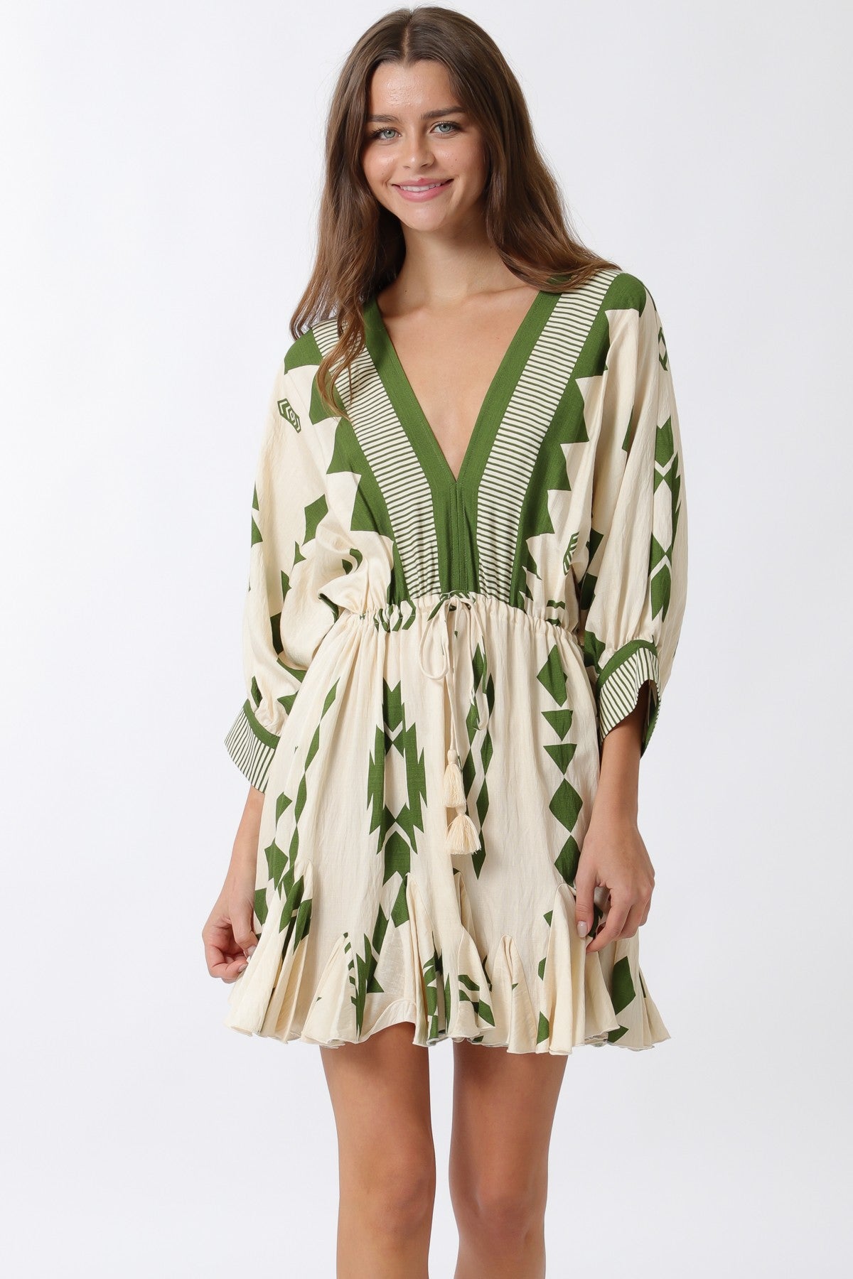 Dolman Sleeve Border Tie Waist Mini Dress