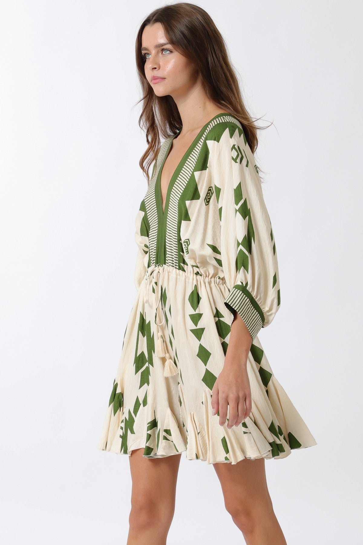 Dolman Sleeve Border Tie Waist Mini Dress