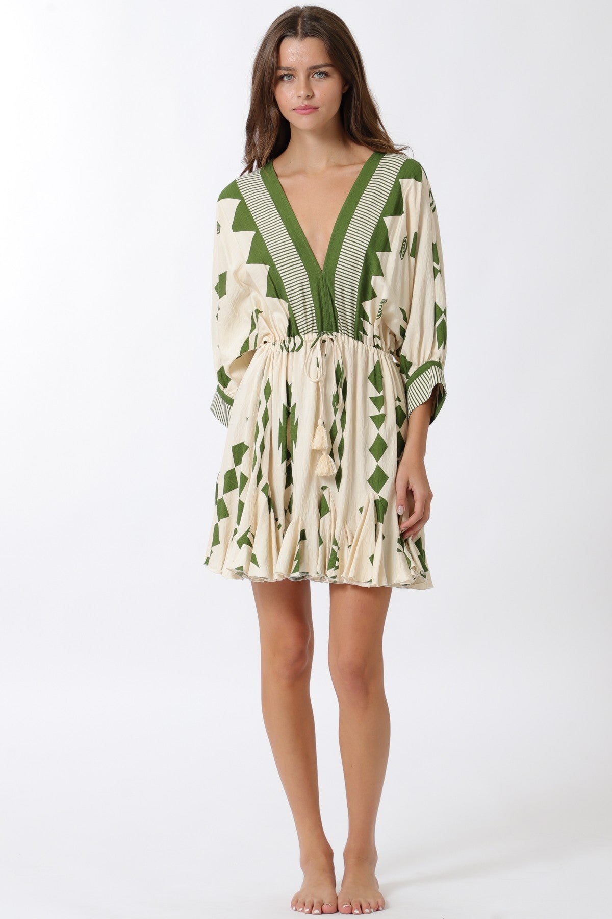 Dolman Sleeve Border Tie Waist Mini Dress