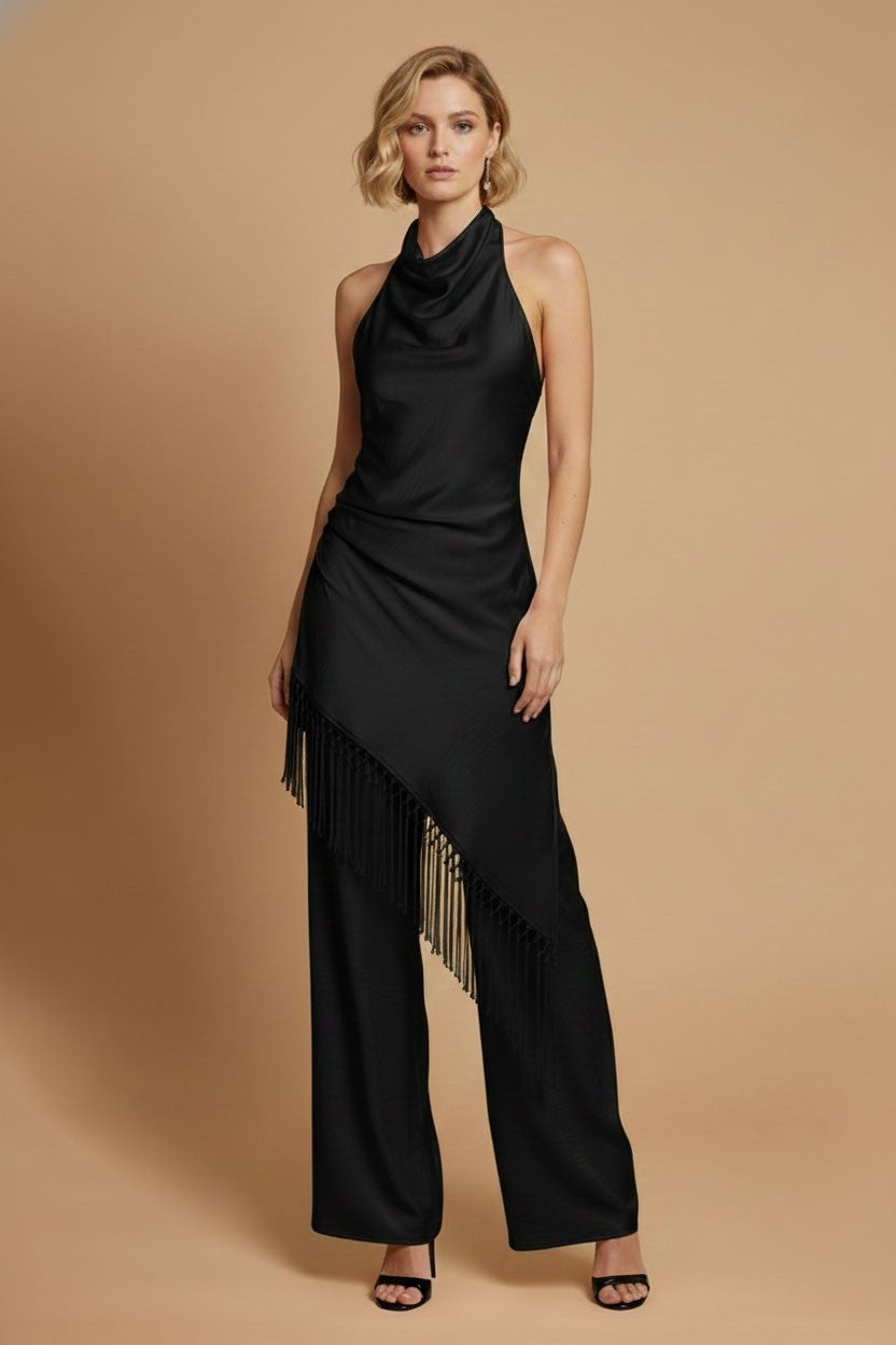 Fringe Satin Halter Top & Pants Set