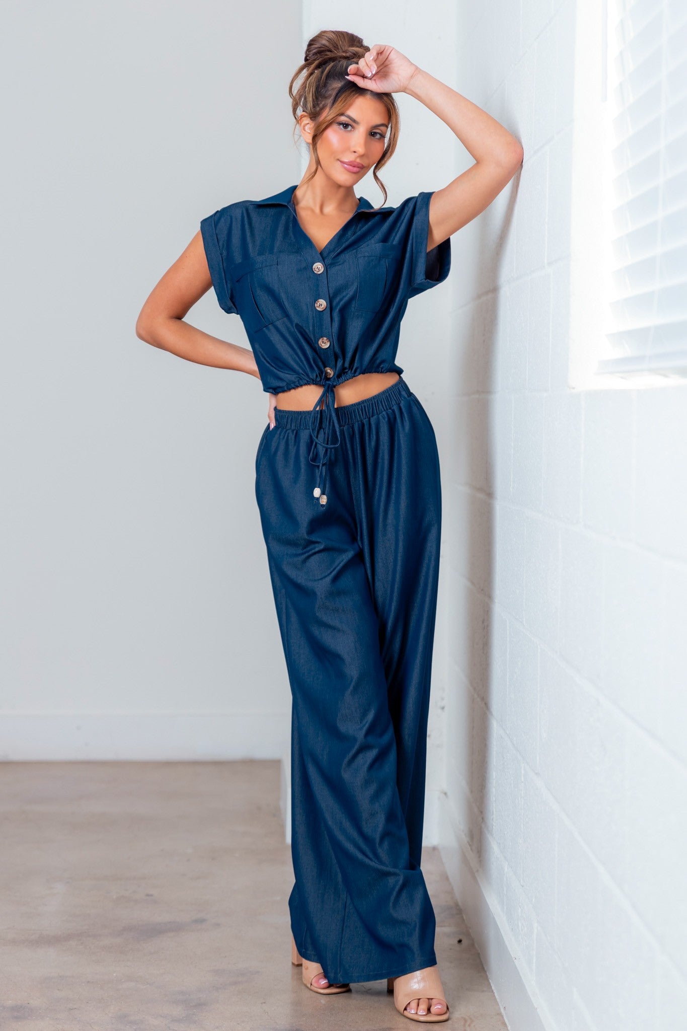 Button Down Front Tie Top And Pants Set