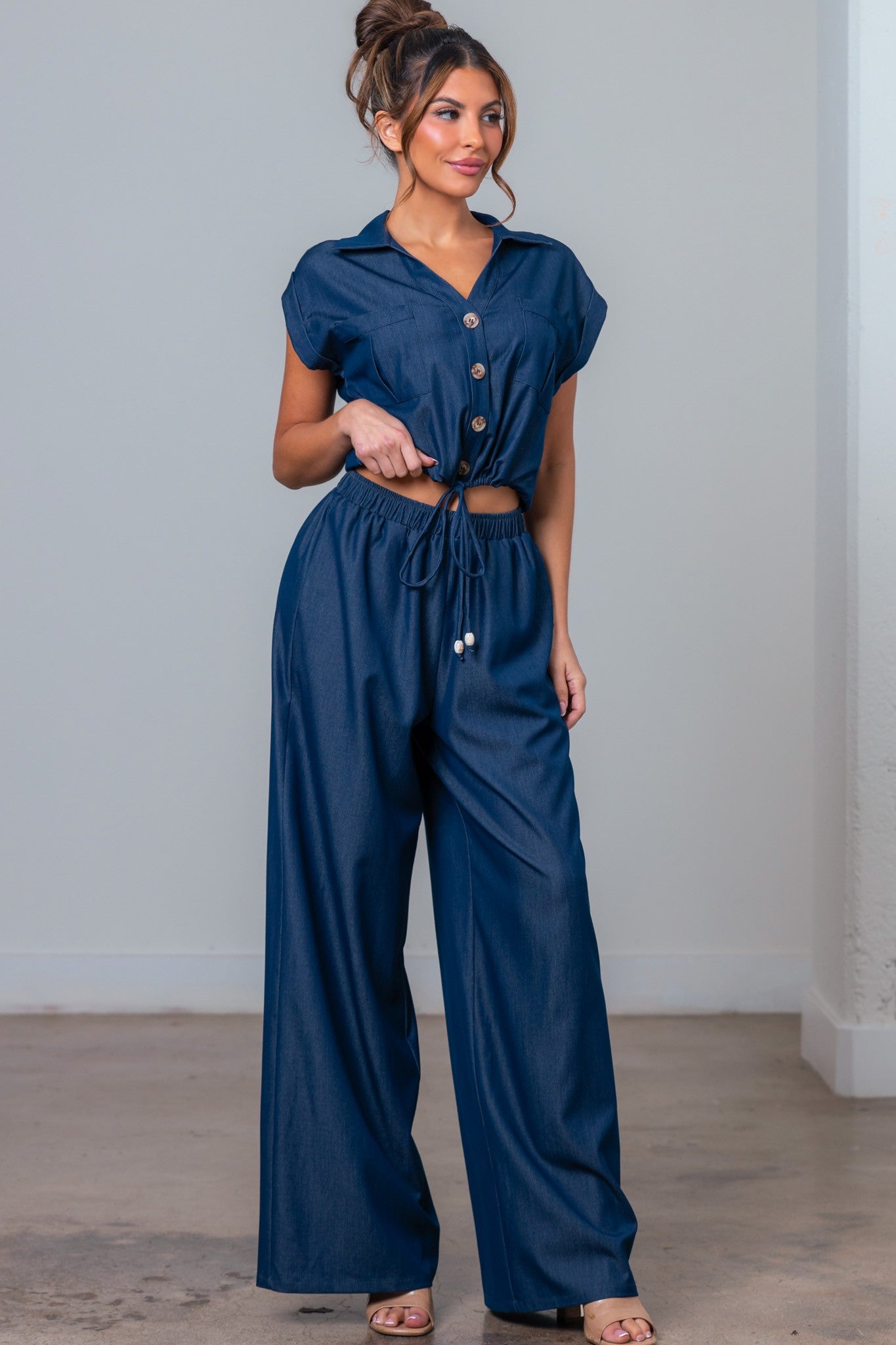 Button Down Front Tie Top And Pants Set