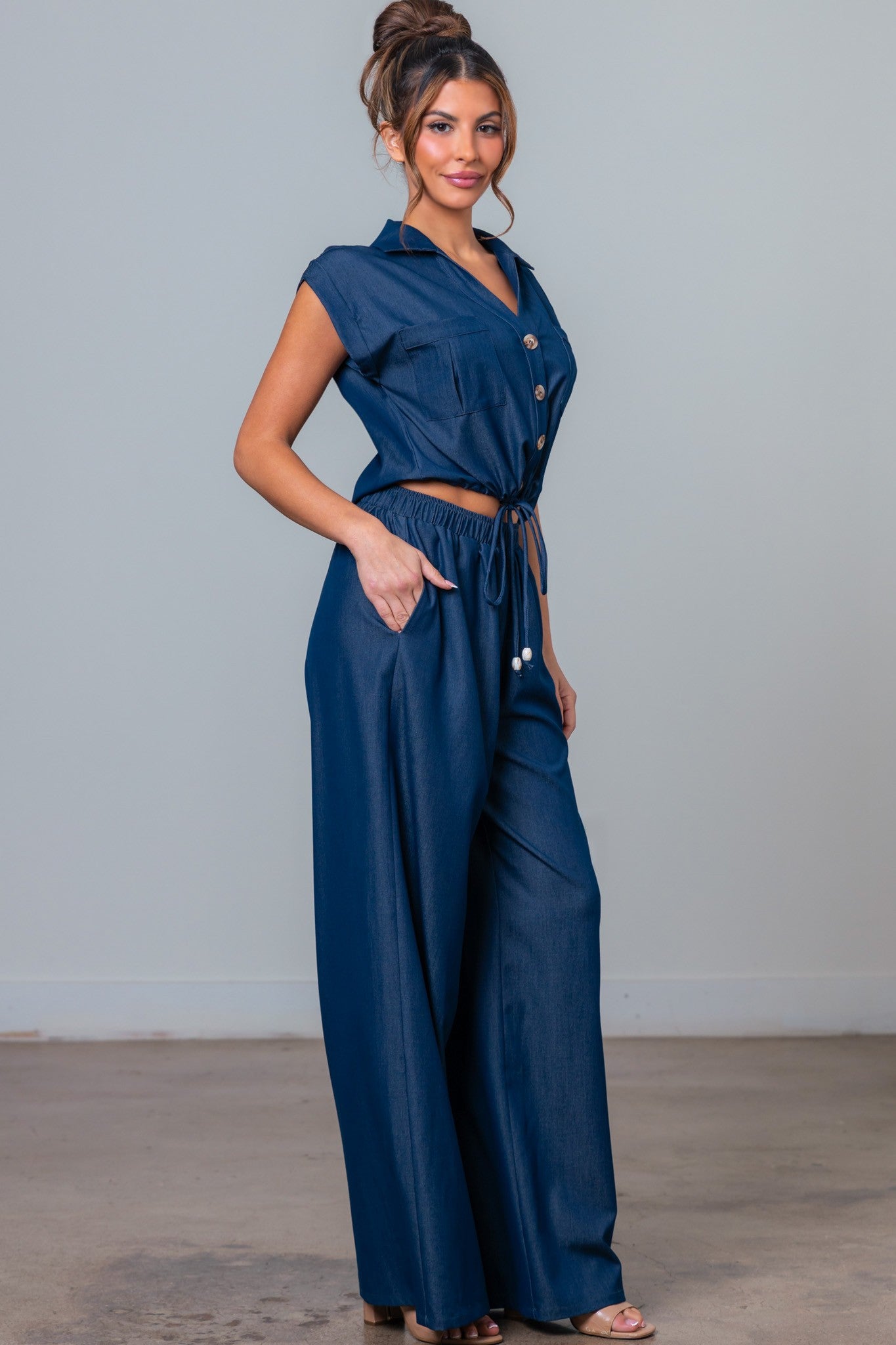 Button Down Front Tie Top And Pants Set