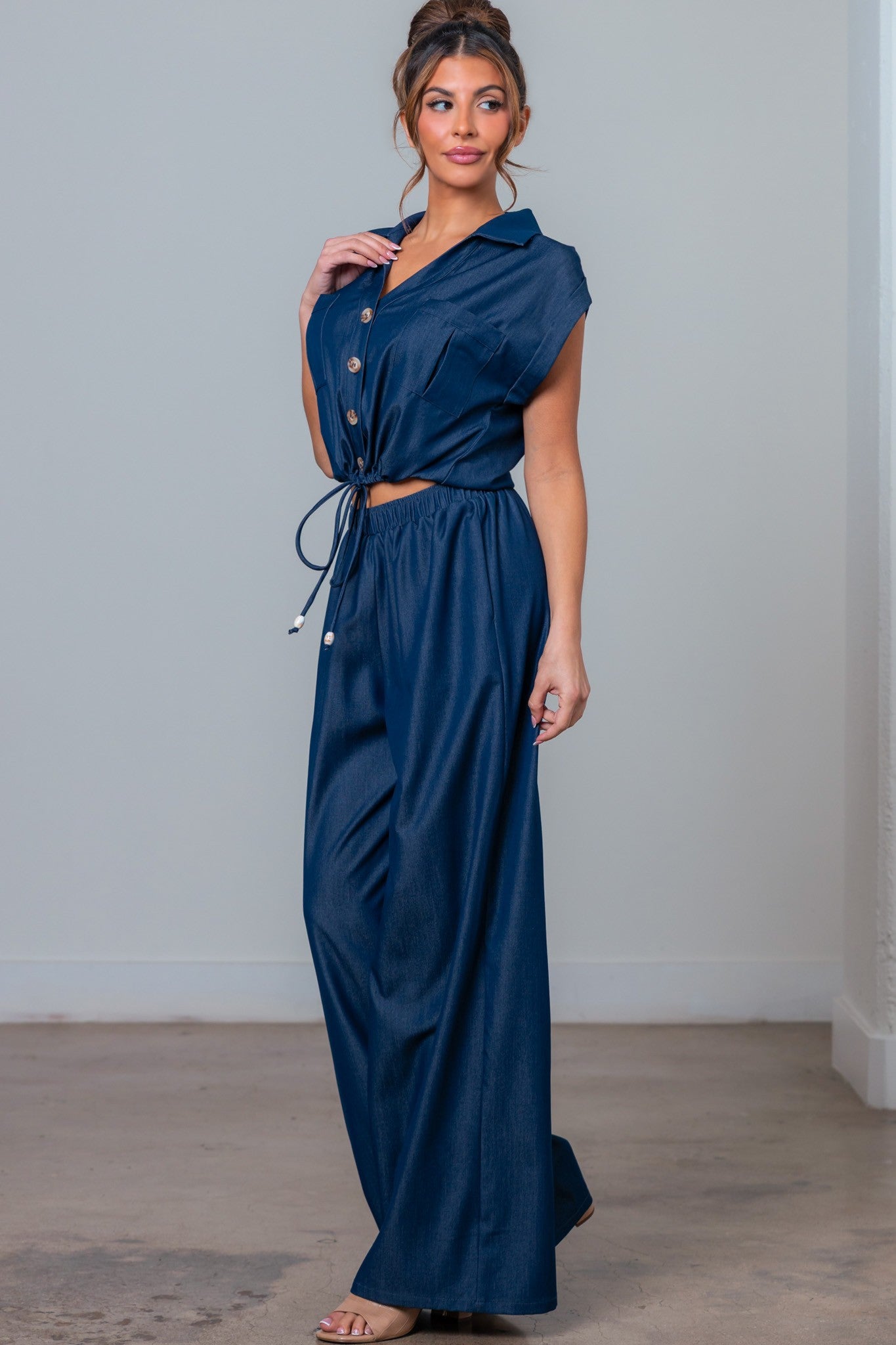 Button Down Front Tie Top And Pants Set