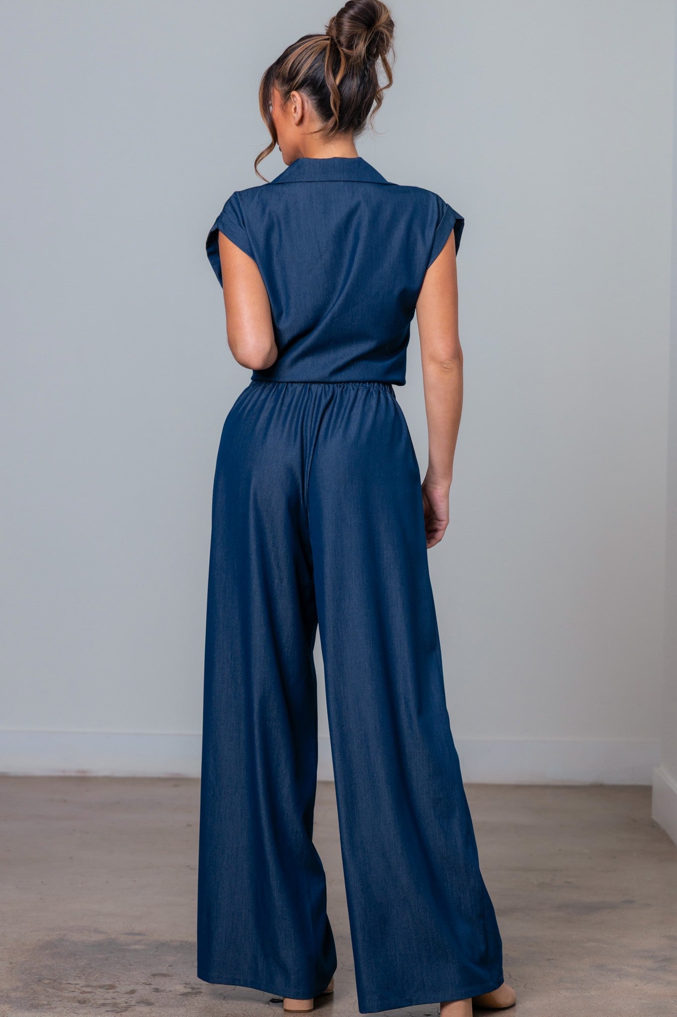 Button Down Front Tie Top And Pants Set